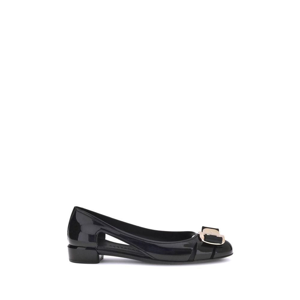 Ferragamo Rubber Ballerinas with Black Metallic Logo Bow