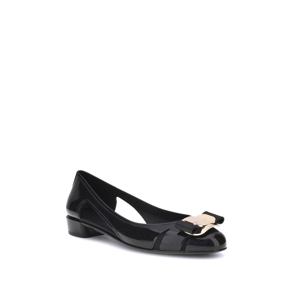 Ferragamo Rubber Ballerinas with Black Metallic Logo Bow