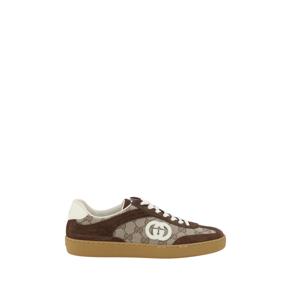 Brown Gucci Sneakers in GG Fabric and Suede, Logo Patch and Lace-Up Closure