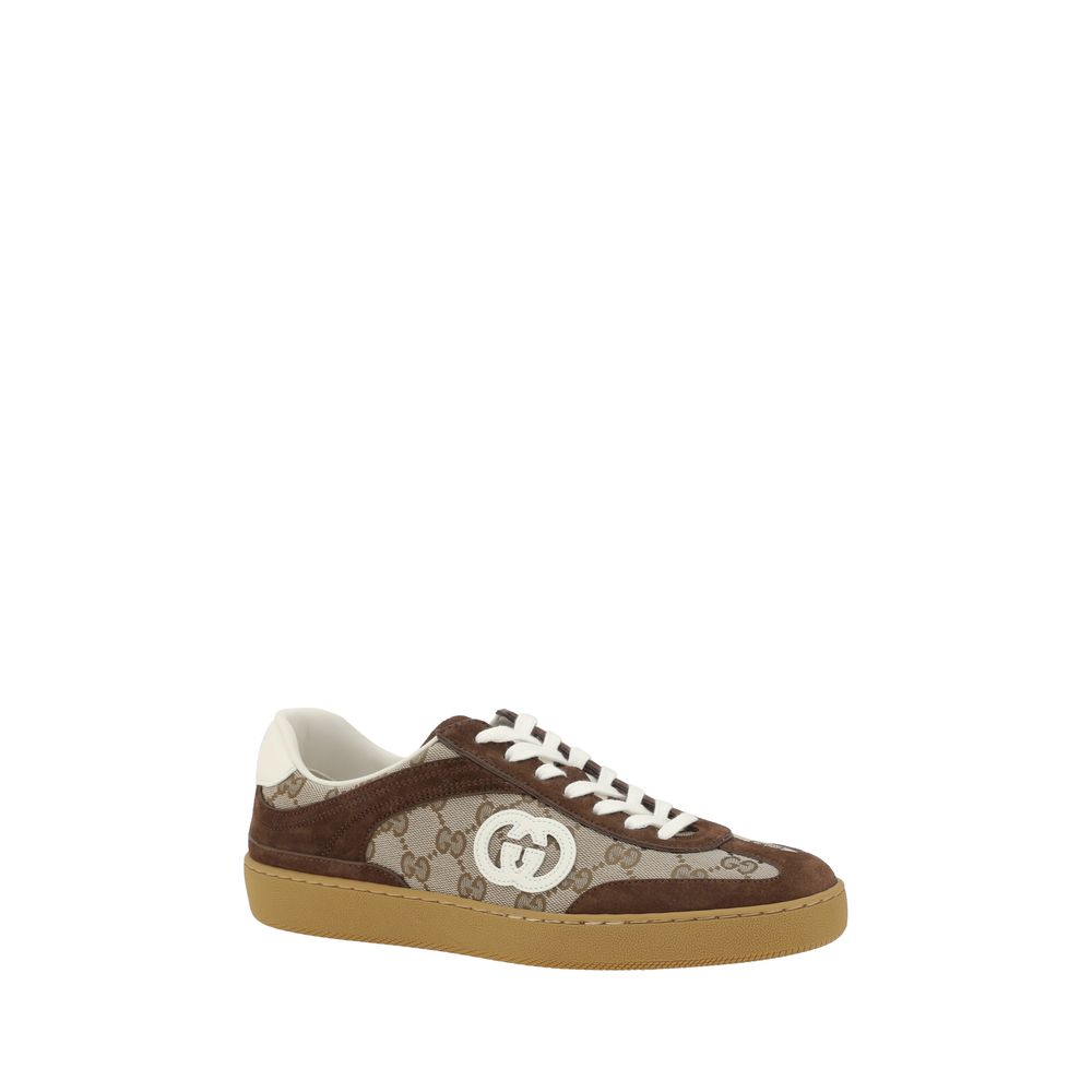 Brown Gucci Sneakers in GG Fabric and Suede, Logo Patch and Lace-Up Closure