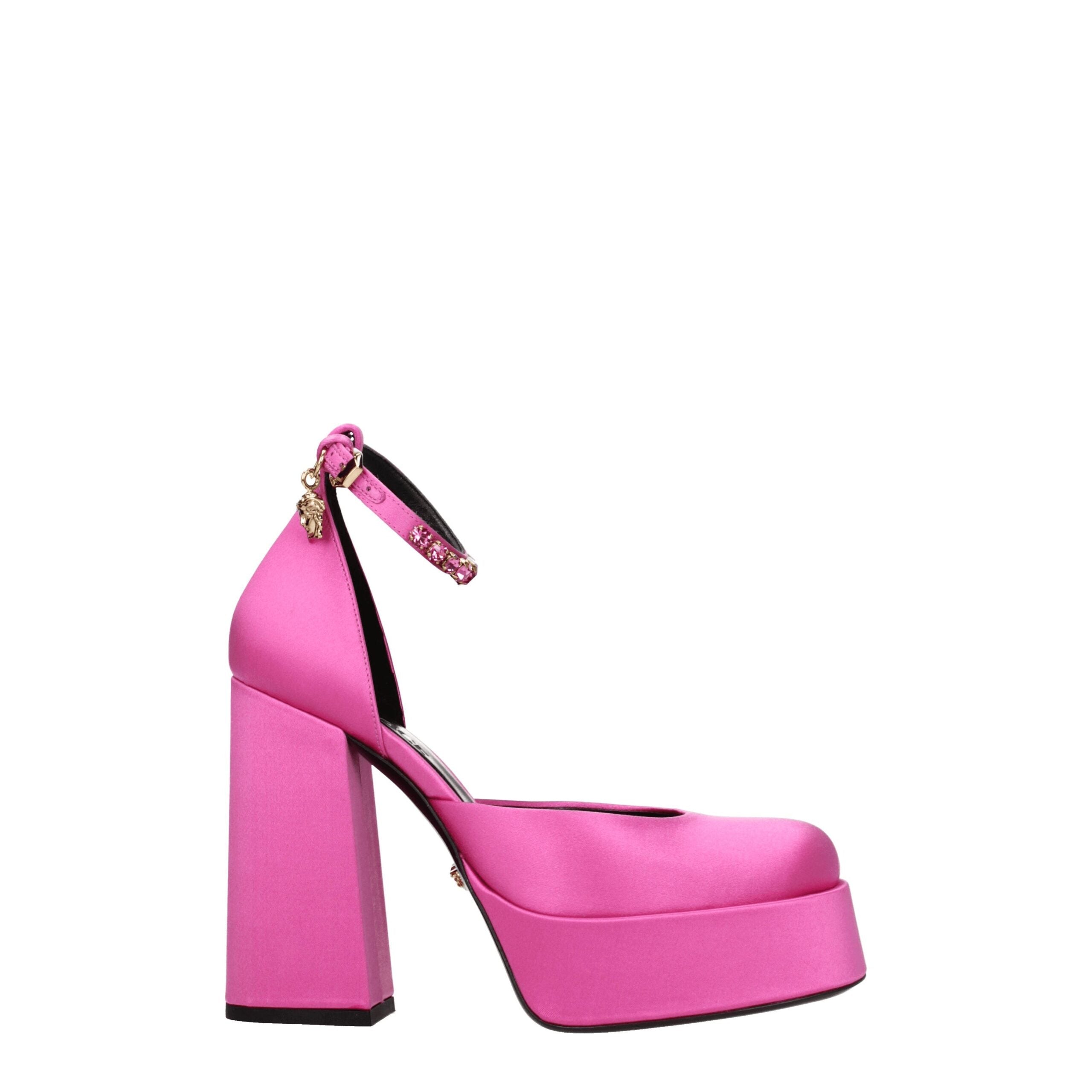 Versace Platform Sandals in Pink Satin, Rhinestones and 12.5cm Heel