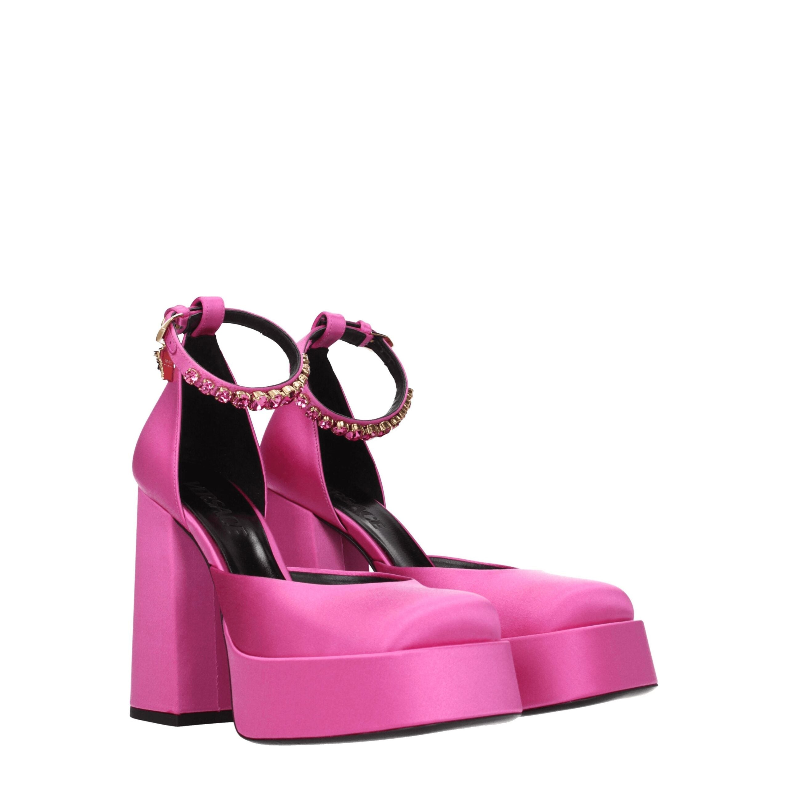 Versace Platform Sandals in Pink Satin, Rhinestones and 12.5cm Heel