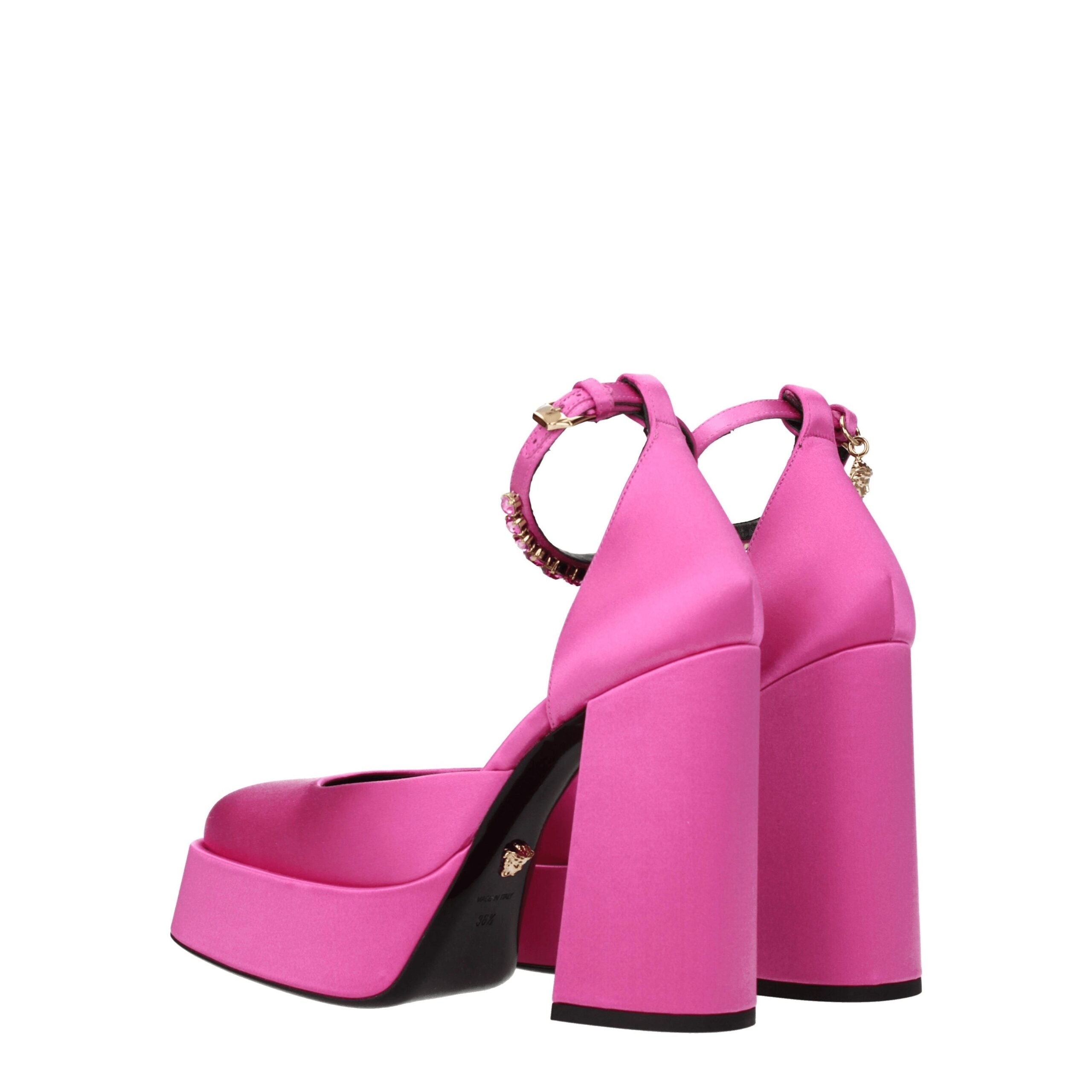 Versace Platform Sandals in Pink Satin, Rhinestones and 12.5cm Heel