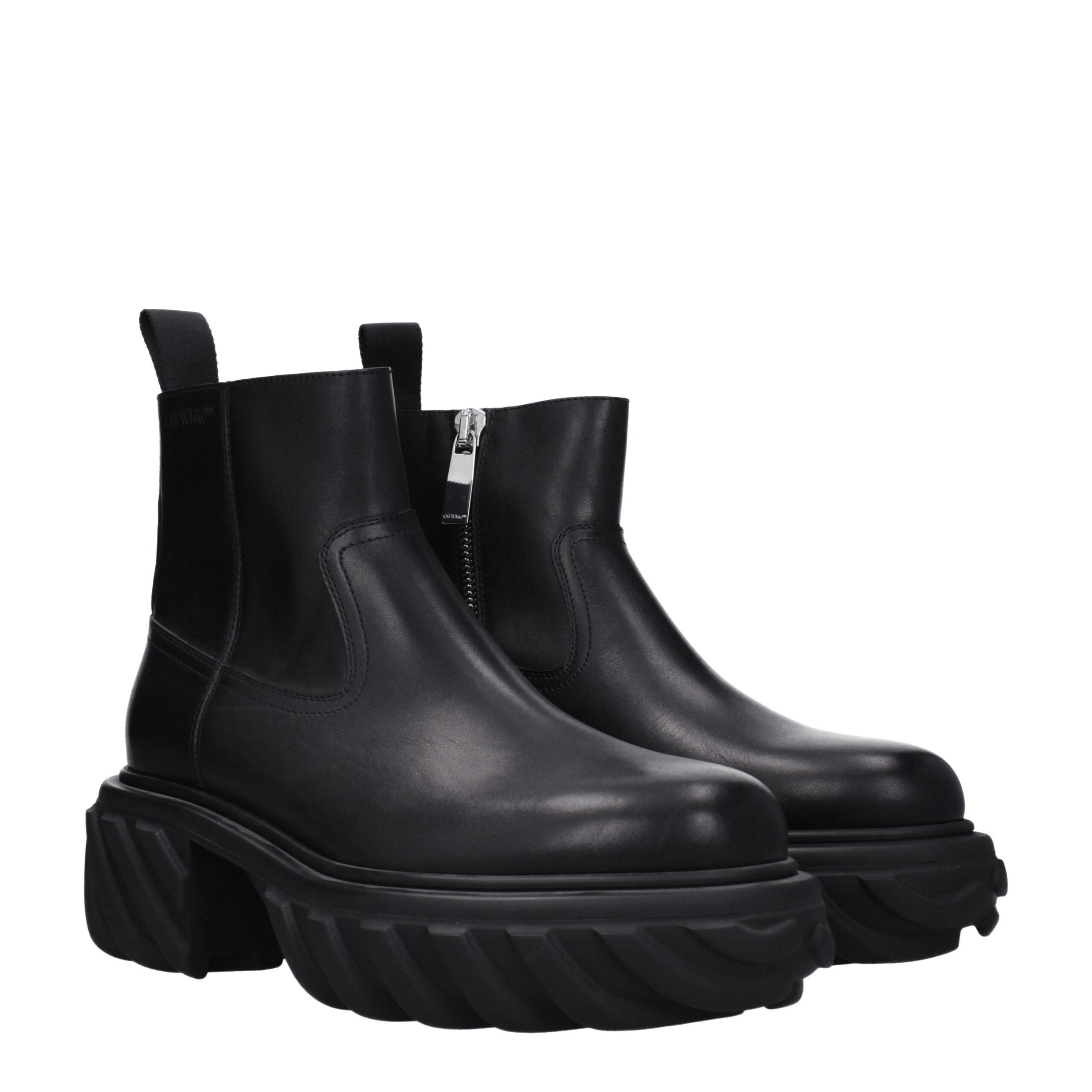 Off-White Black Leather Ankle Boots with Rubber Sole