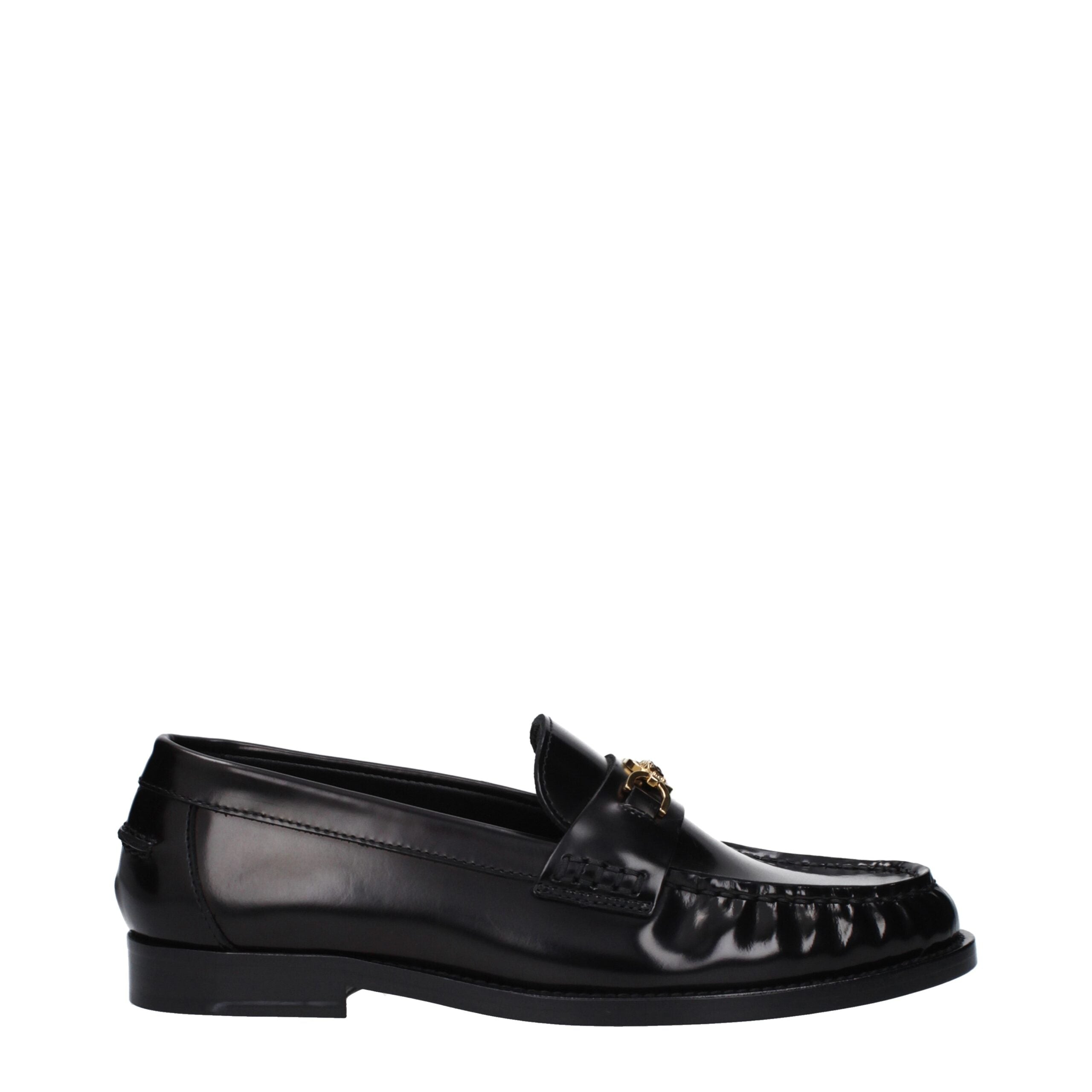 Versace Slip-On Loafers in Black Leather, Front Logo