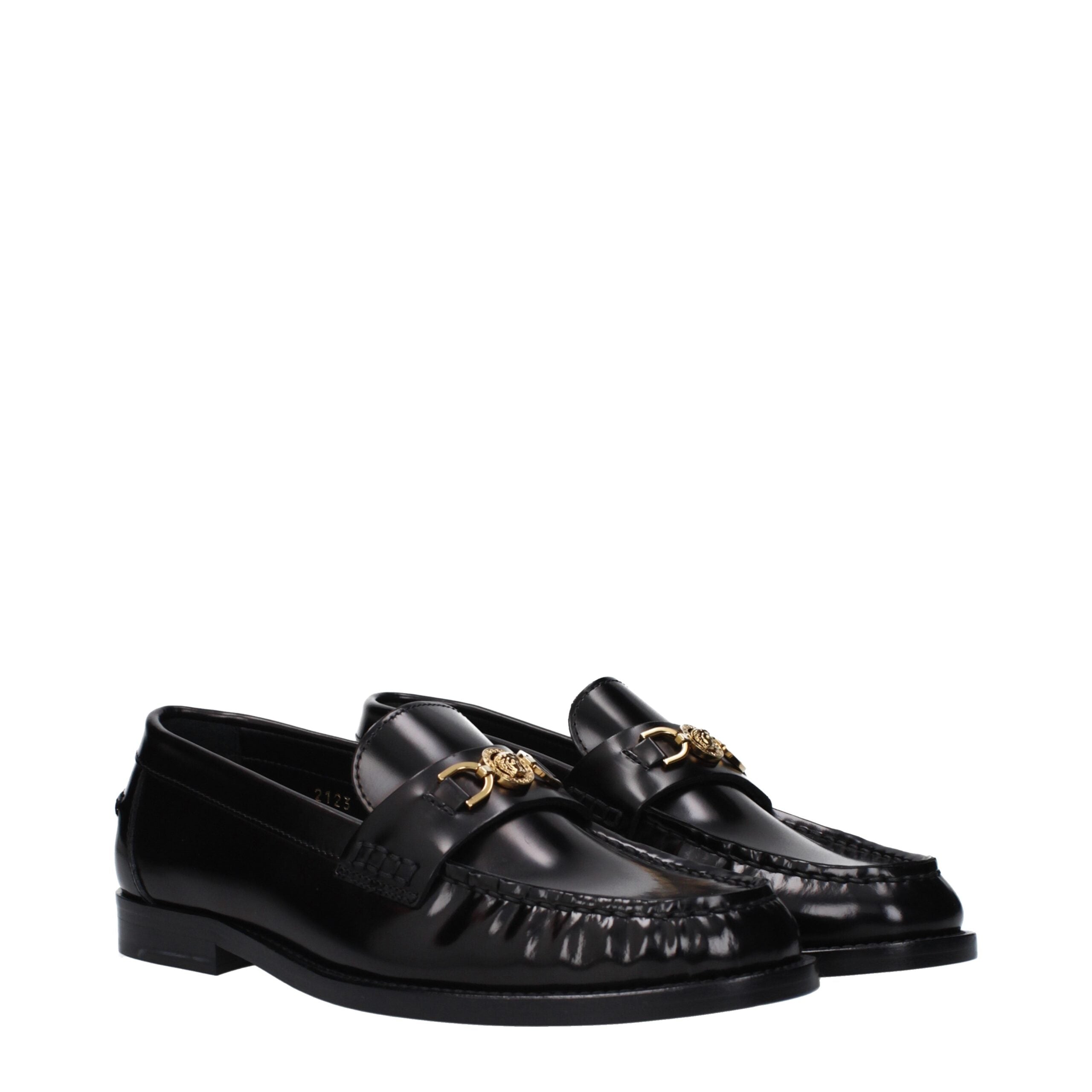 Versace Slip-On Loafers in Black Leather, Front Logo
