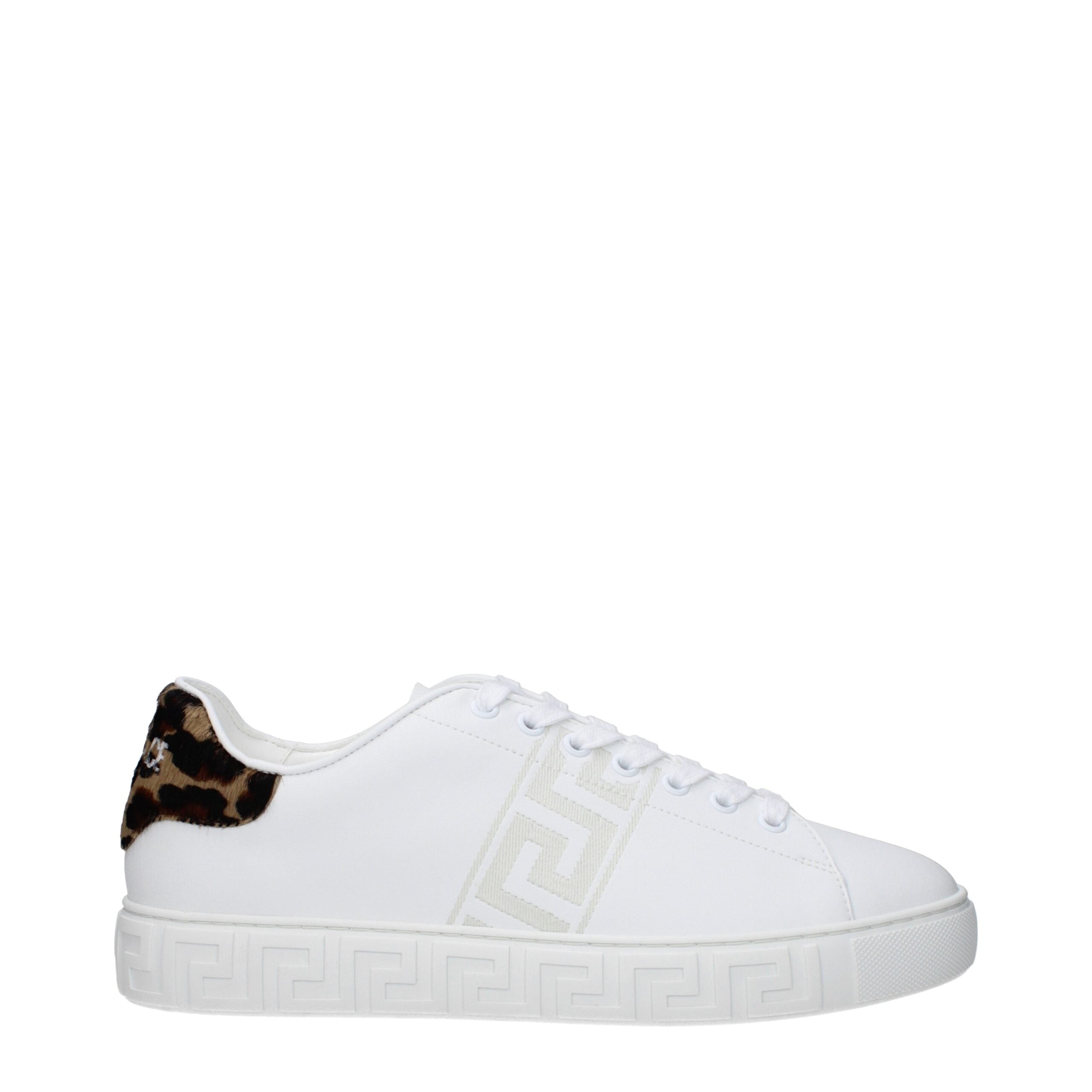 Versace Low-Top Sneakers in White Leather, Multi-Logo and 5.5cm Heel