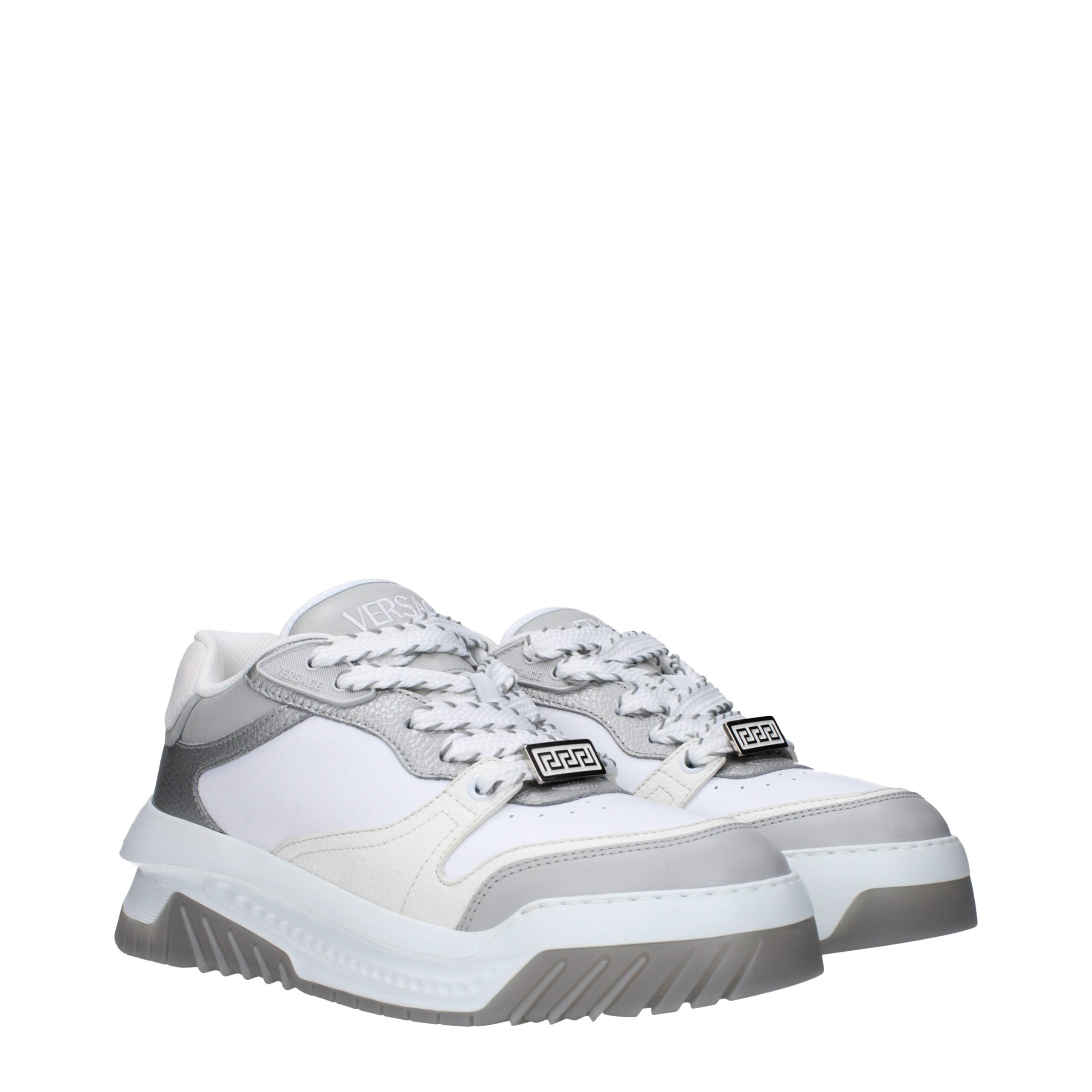 Versace Chunky Sneakers in White Leather, Multi-Logo and 5.5cm Heel