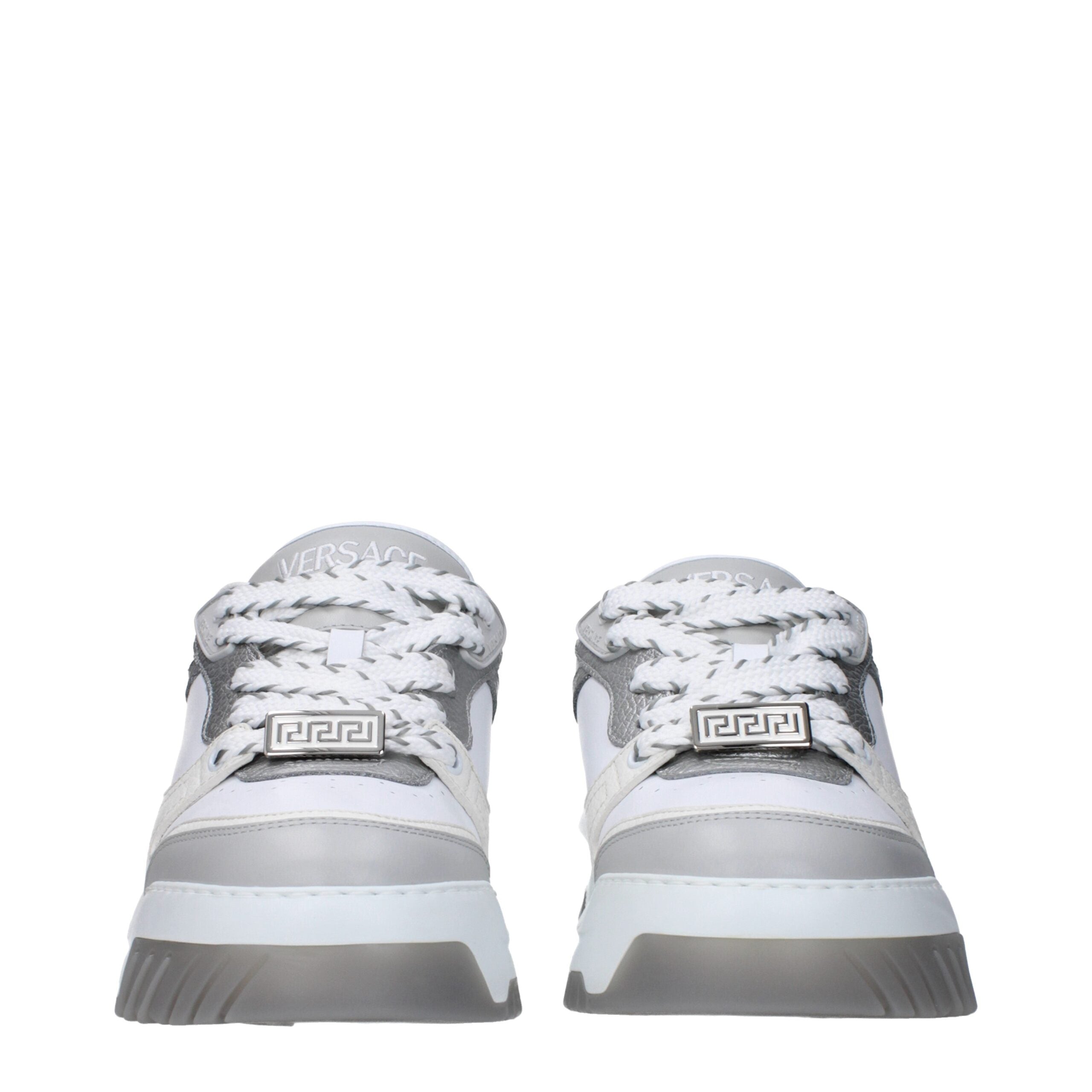 Versace Chunky Sneakers in White Leather, Multi-Logo and 5.5cm Heel