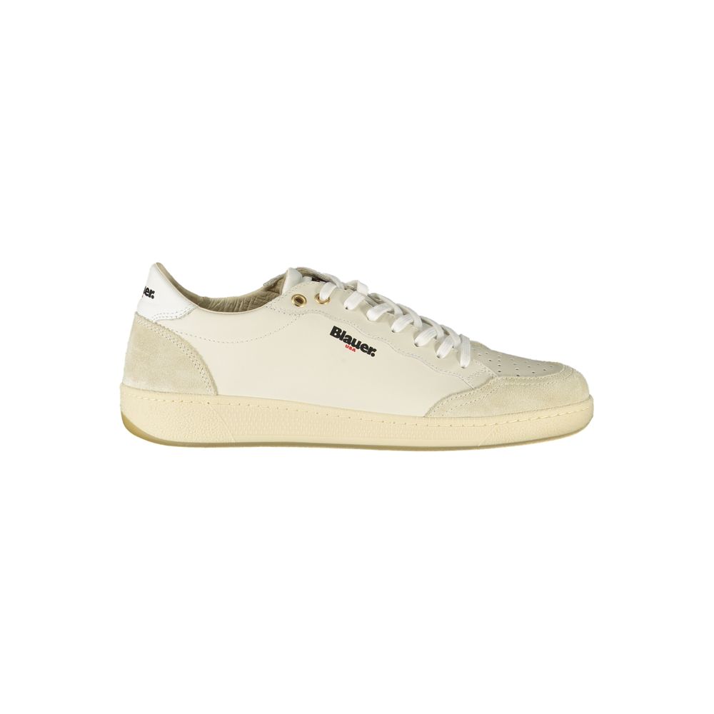 Blauer Men's White Leather Sports Sneakers with Contrasting Details and Removable Insole