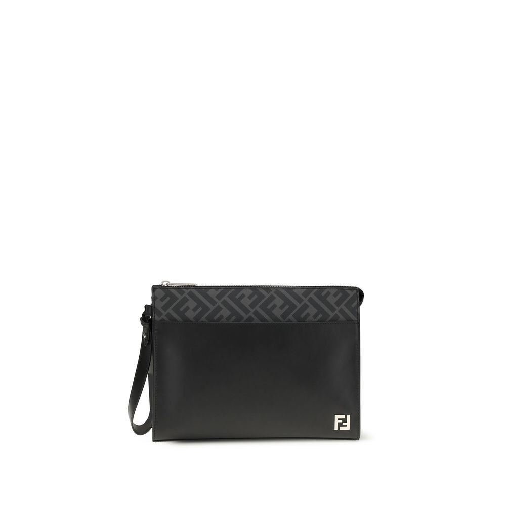 Fendi Pouch in Black Leather and FF Canvas with Removable Cuff Handle