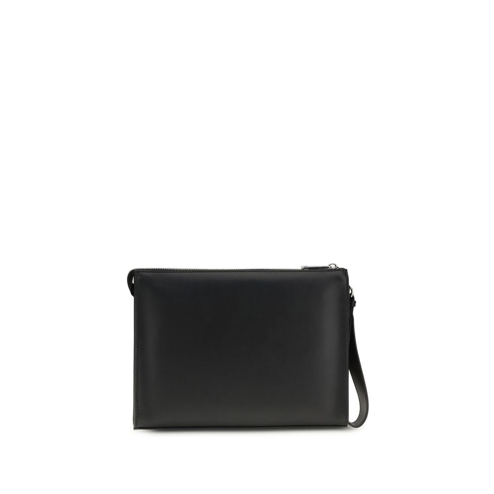 Fendi Pouch in Black Leather and FF Canvas with Removable Cuff Handle