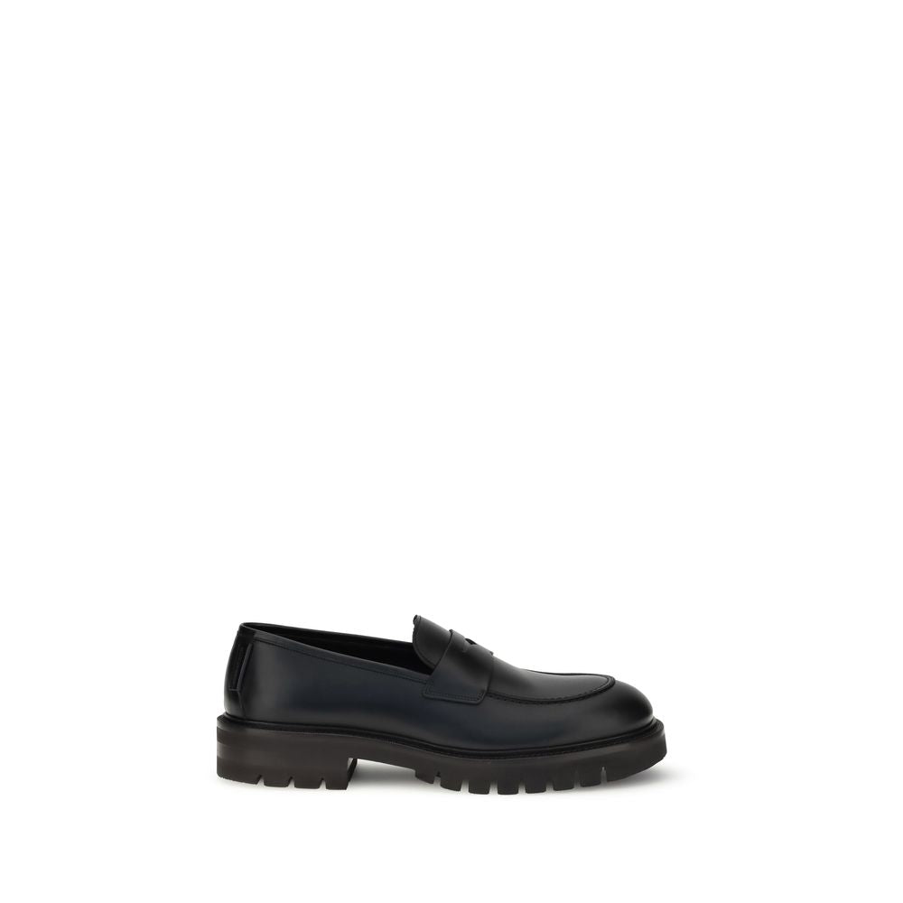 Ferragamo Penny Loafers in Black Brushed Leather with Lug Sole