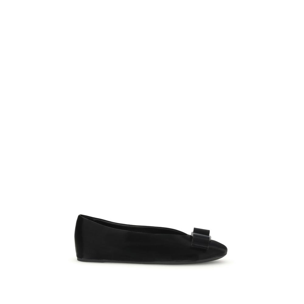 Ferragamo Vara Bow XL Black Calfskin Ballerinas with Drop Heel