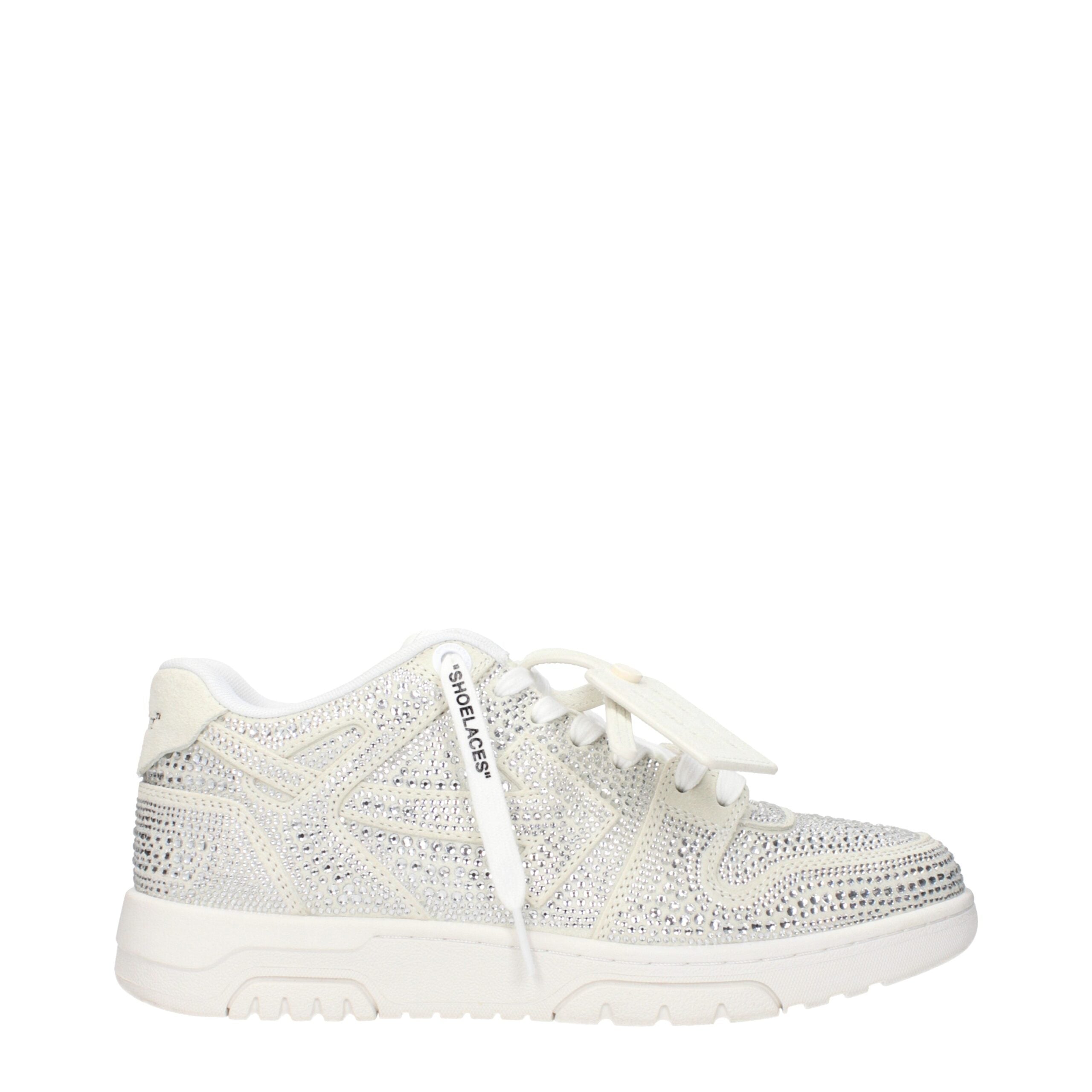 Off-White Low Sneakers in Beige Suede with Rhinestones and Arrow Logo