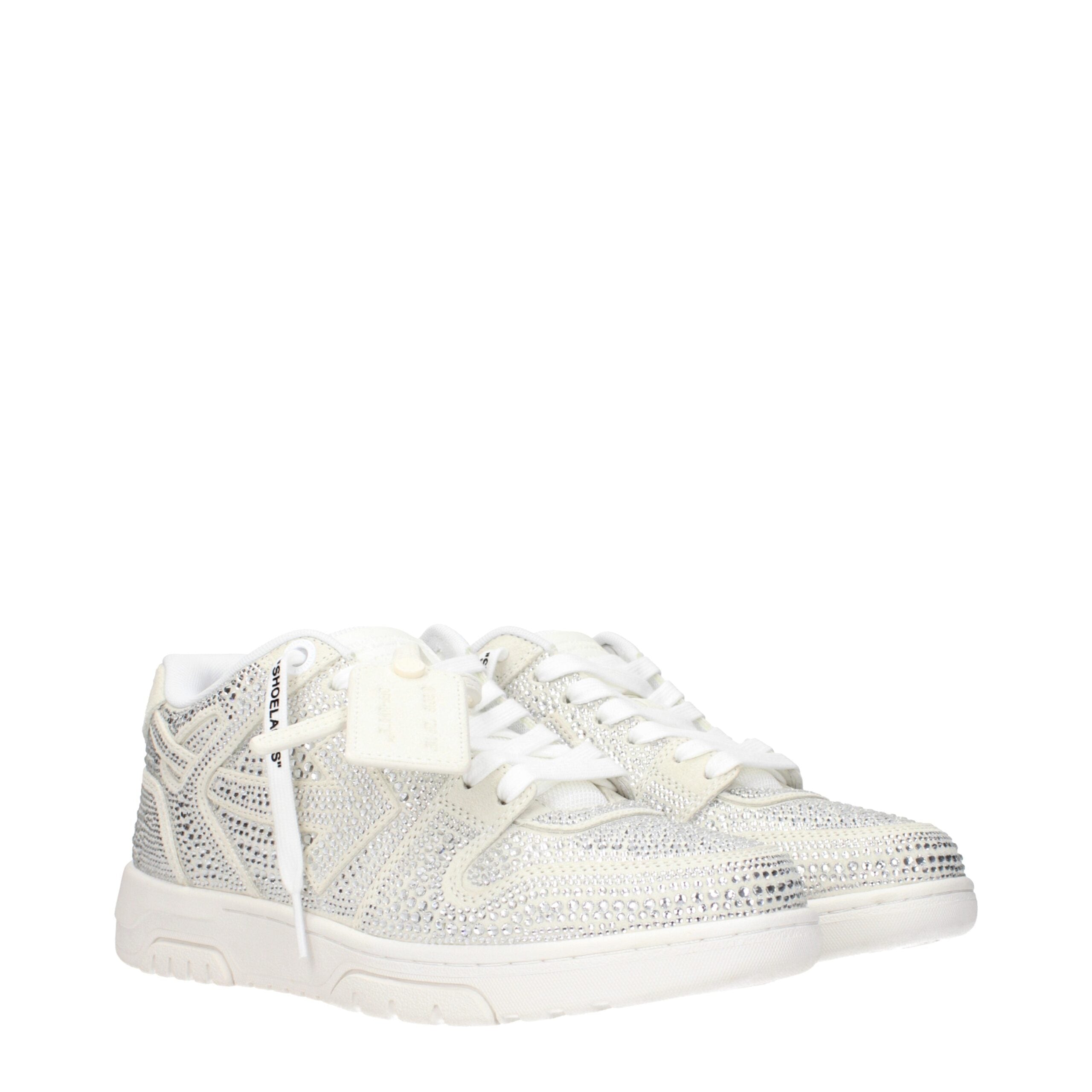Off-White Low Sneakers in Beige Suede with Rhinestones and Arrow Logo