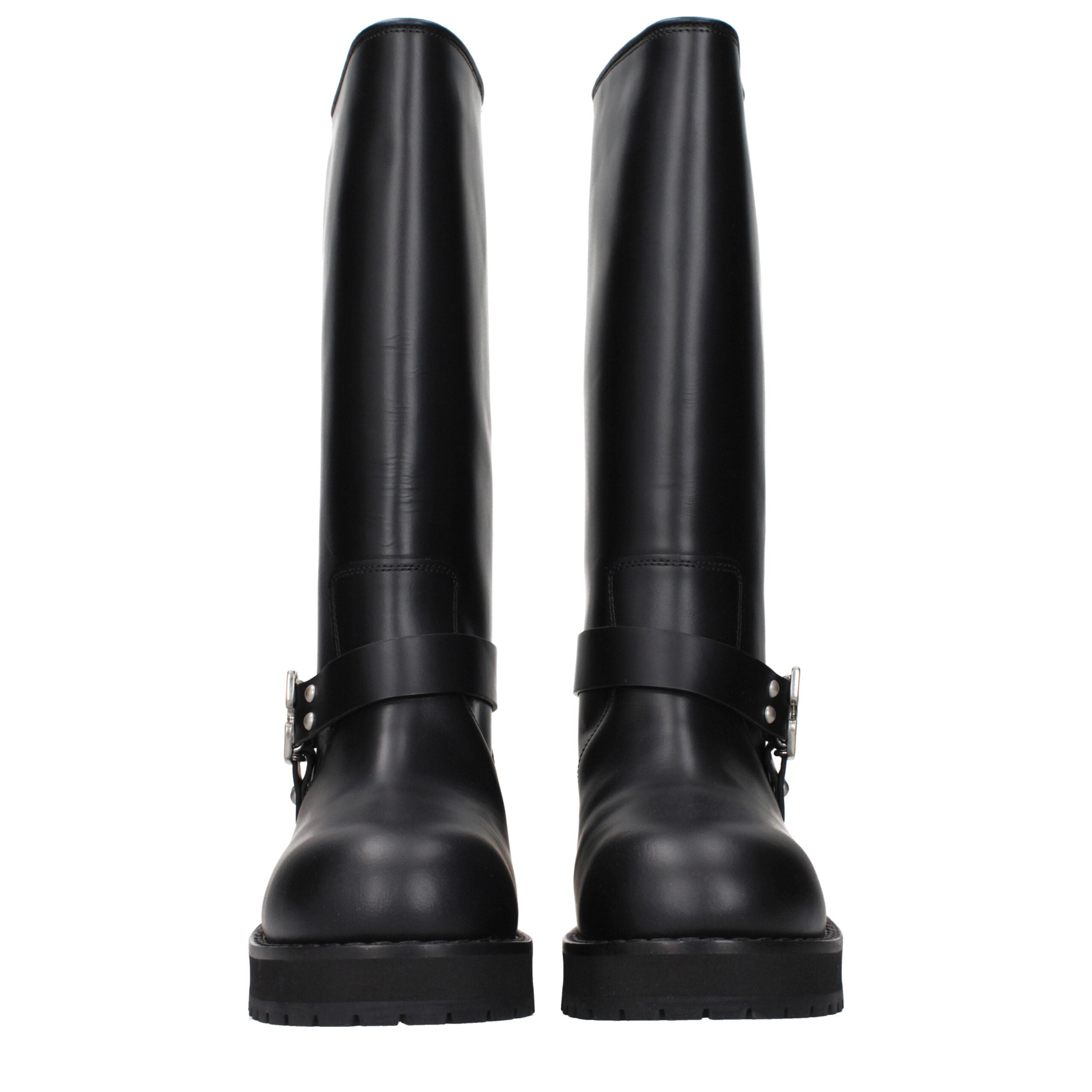 Off-White Black Leather Flat Boots with Side Logo