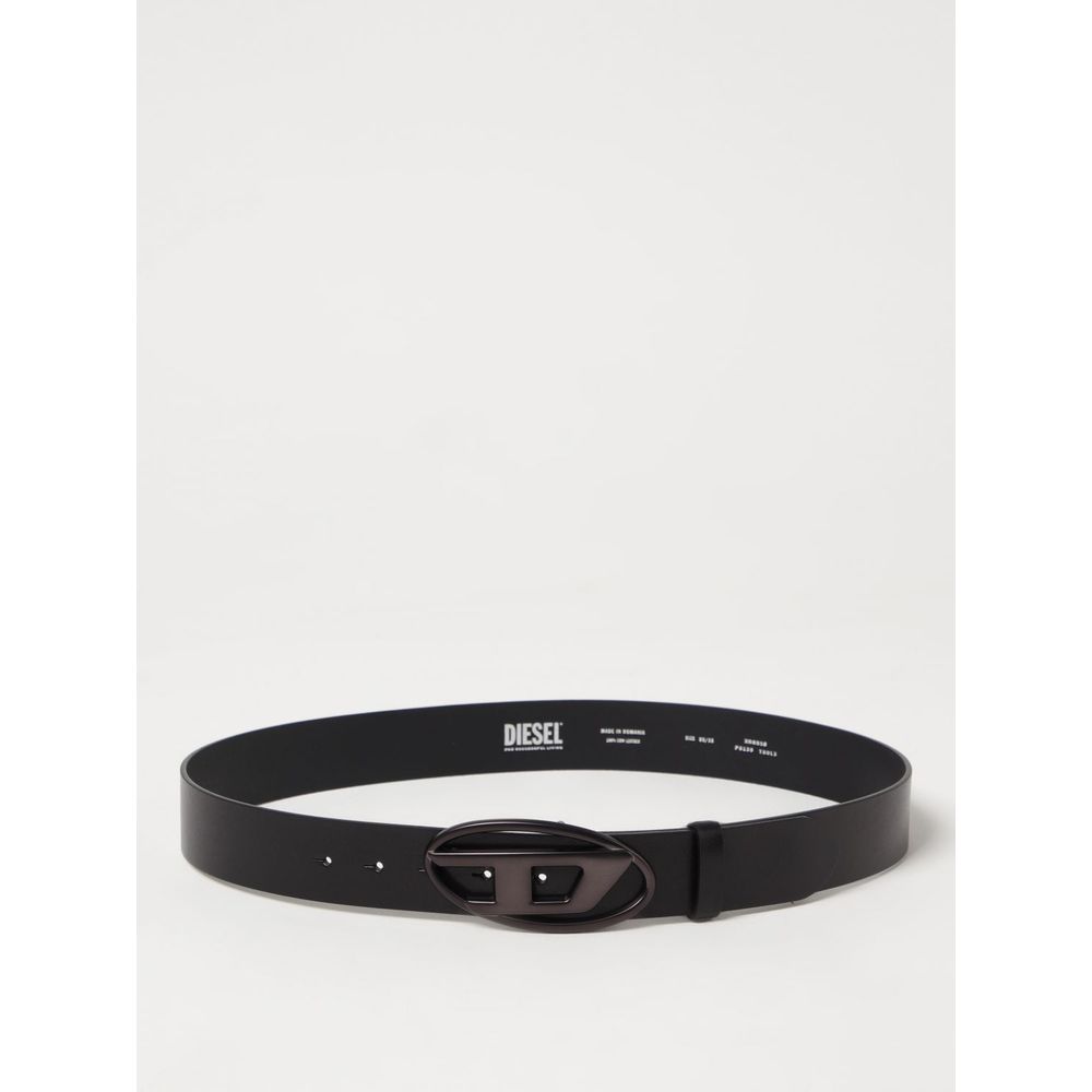 Diesel Black Leather Belt with Oval Metal Buckle