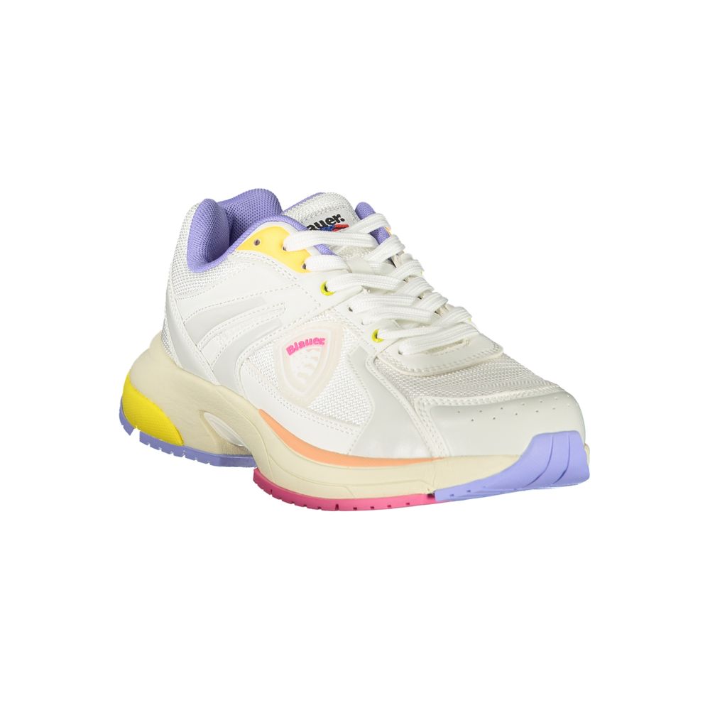 Blauer Women's Sneakers in White Polyurethane, Contrasting Blue Details