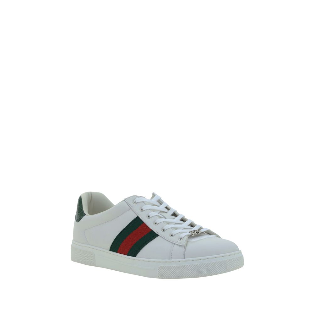 White Gucci Leather Sneakers with Iconic Side Bands and Back Logo