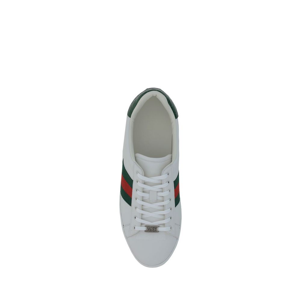 White Gucci Leather Sneakers with Iconic Side Bands and Back Logo