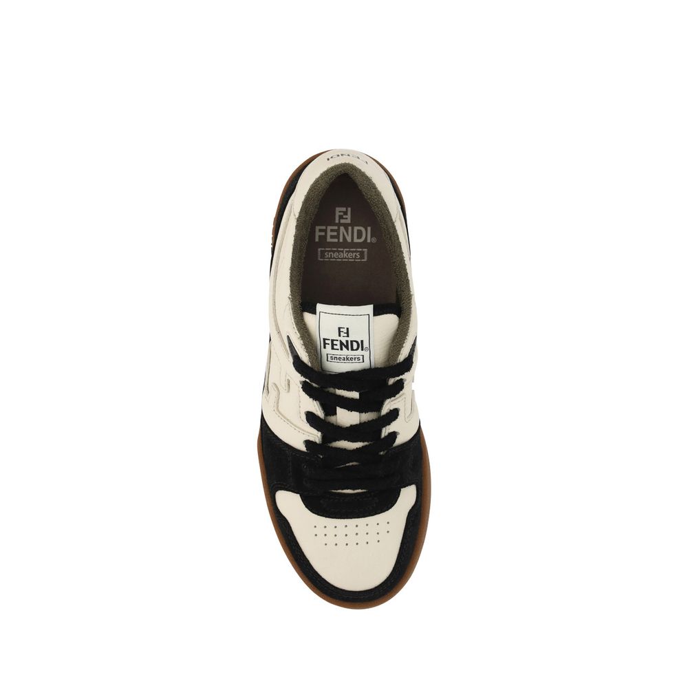 Fendi Chunky Sneakers in Black Leather with Embossed Logo and Perforated Toe