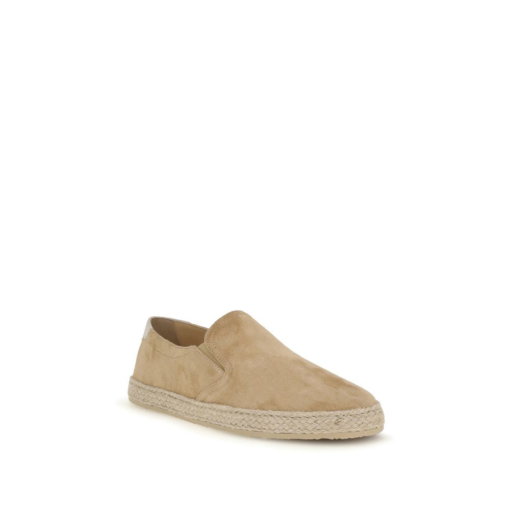Brunello Cucinelli Beige Suede Slip-On Sneakers with Raffia Sole