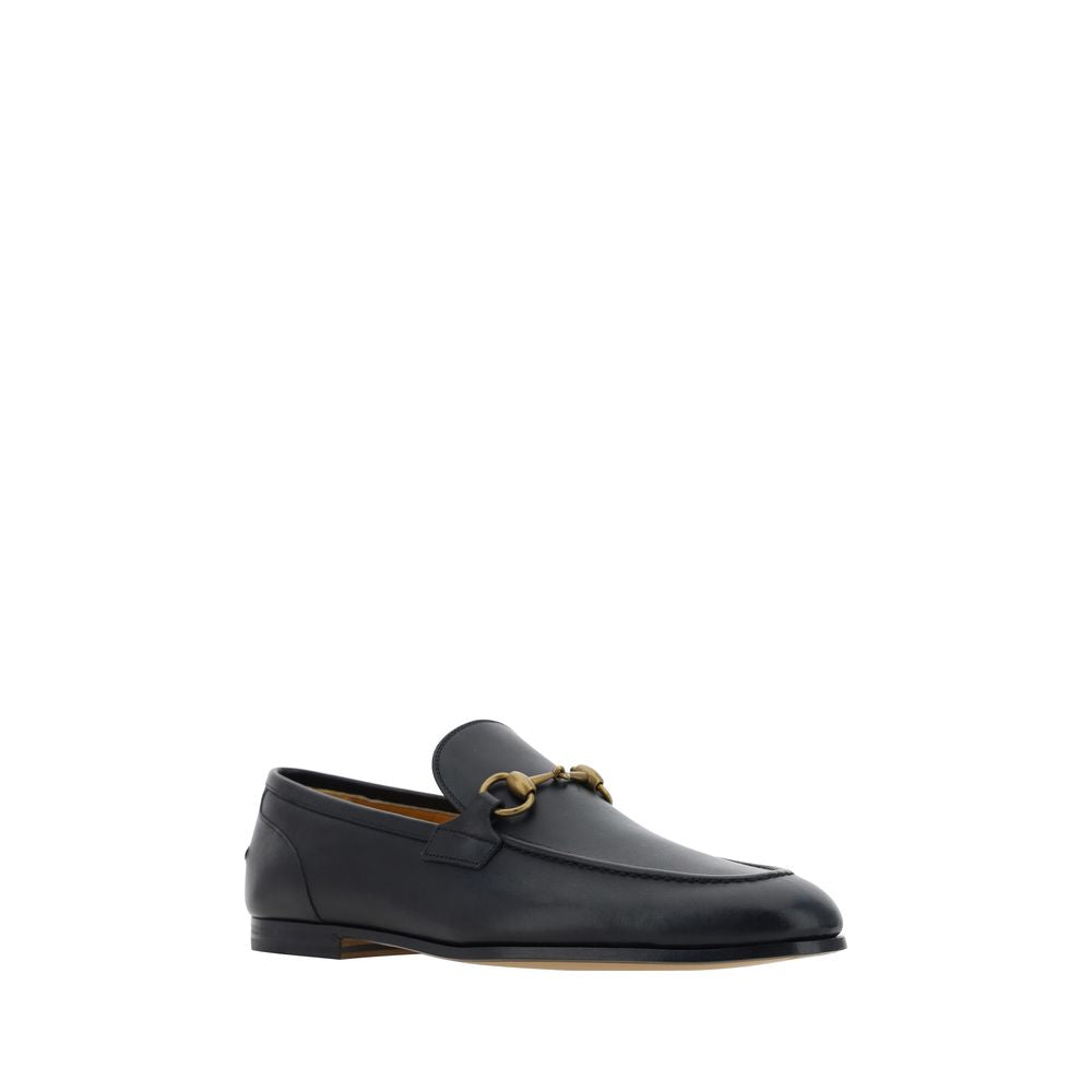 Gucci Black Leather Loafers with Brass Horsebit Detail and Almond Toe