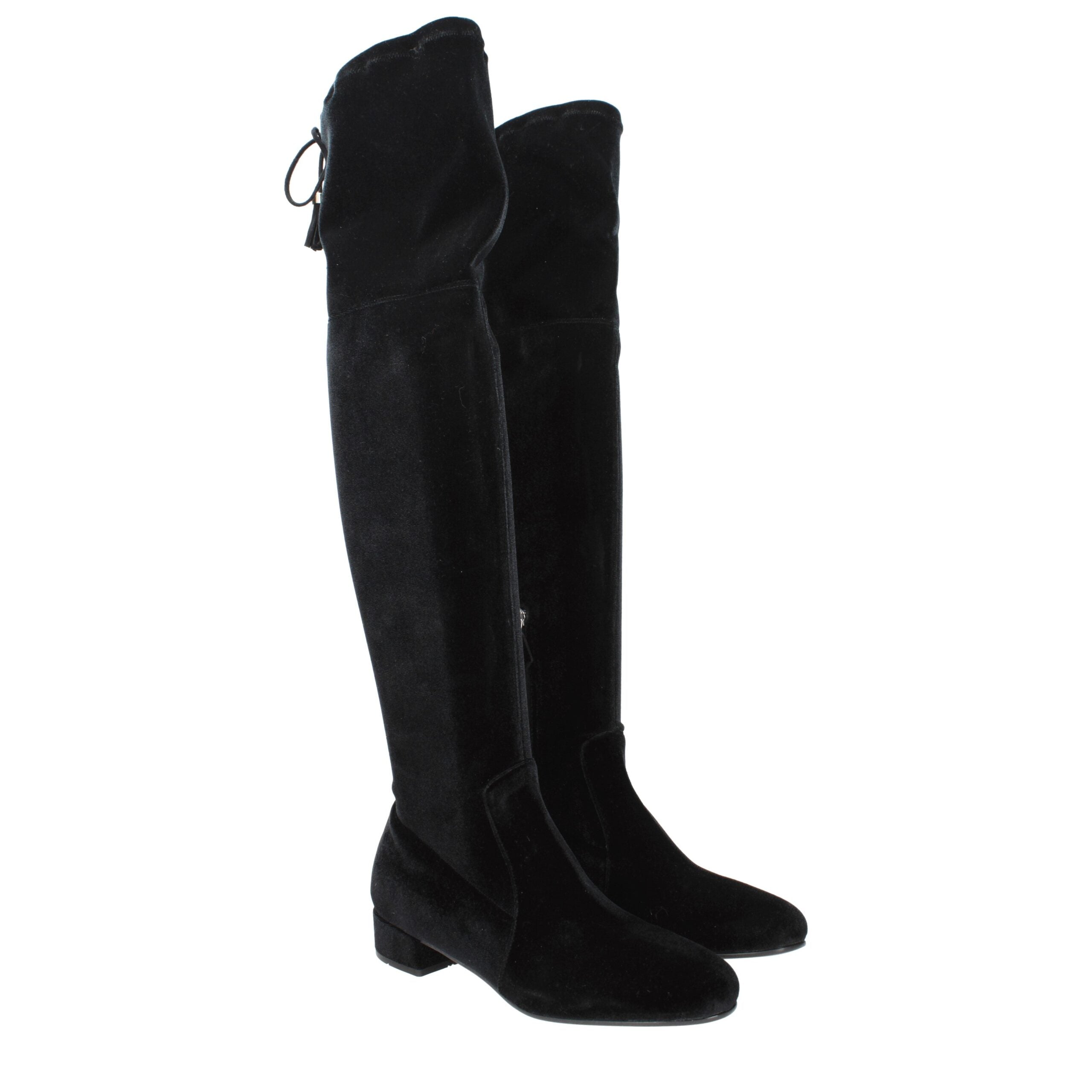 Prada Stivali Over The Knee Neri in Velluto con Frange