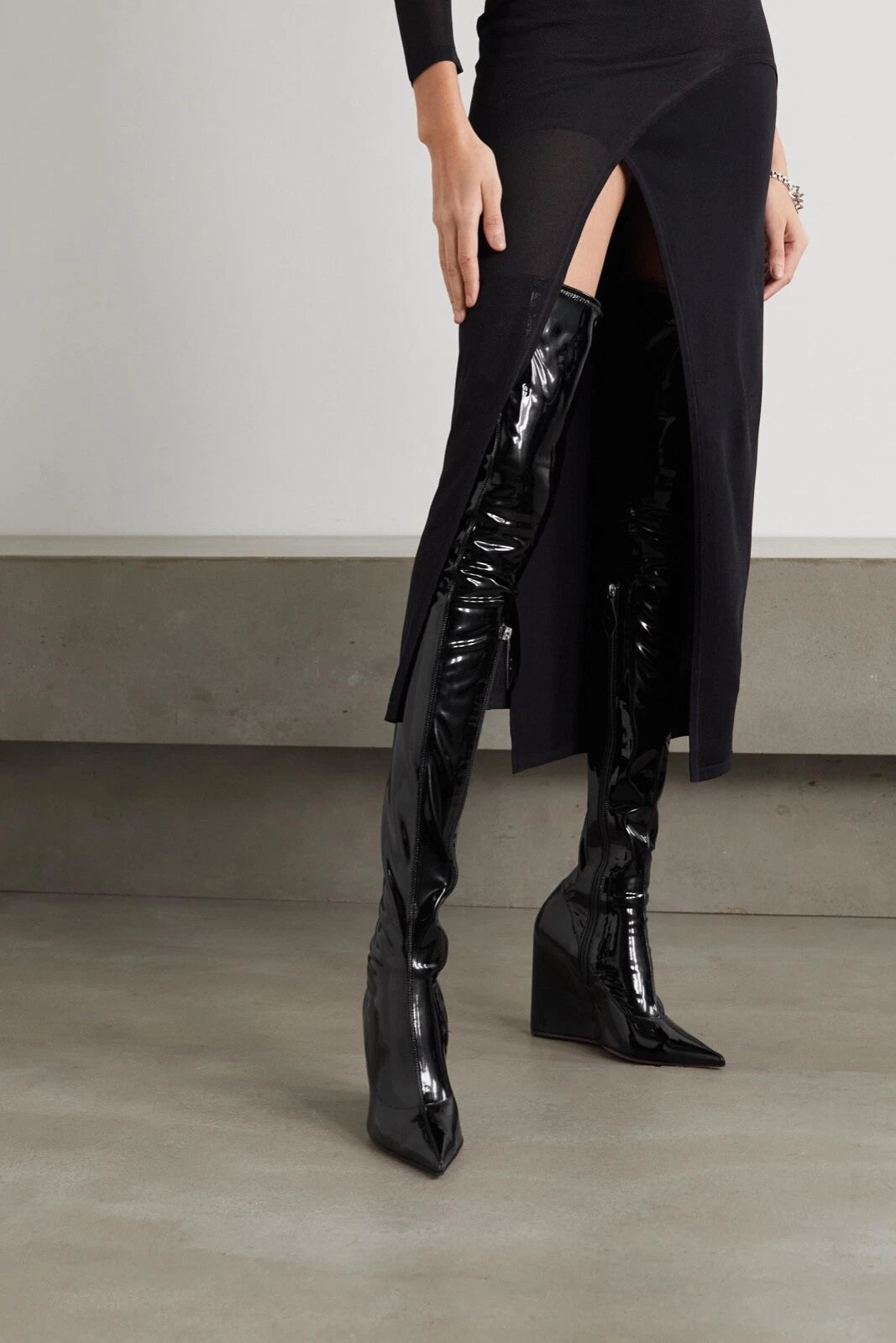 Amina Muaddi Danielle Black Latex Over-the-Knee Boots (AW20)