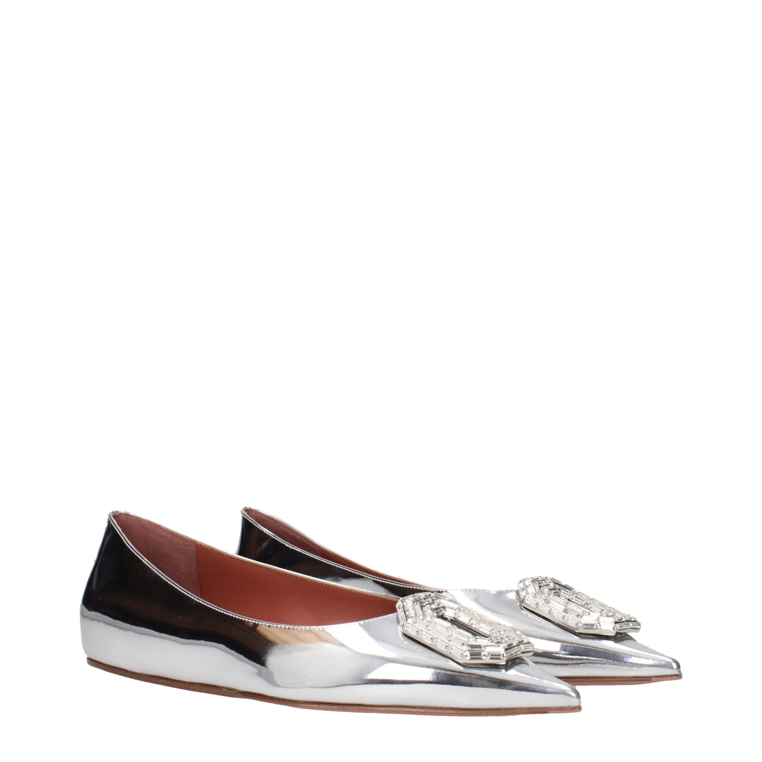 Amina Muaddi Camelia Flat Ballet Flats in Pelle Argento (Punta Affusolata)