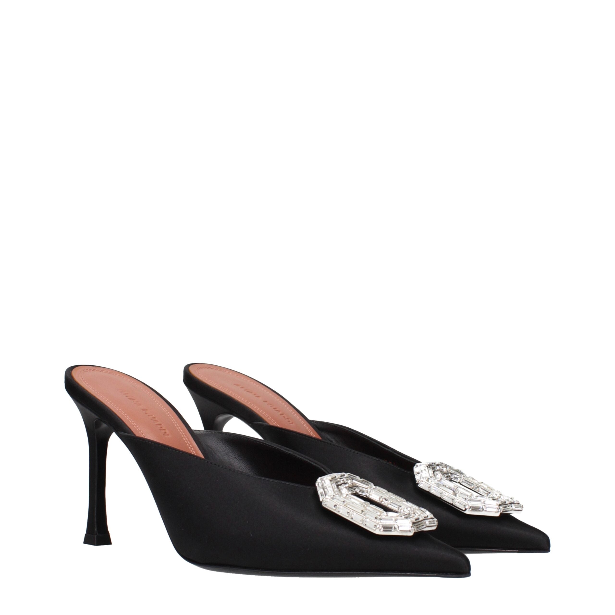 Amina Muaddi Camelia Mule 90 Sandali in Raso Nero (Dettagli Strass)
