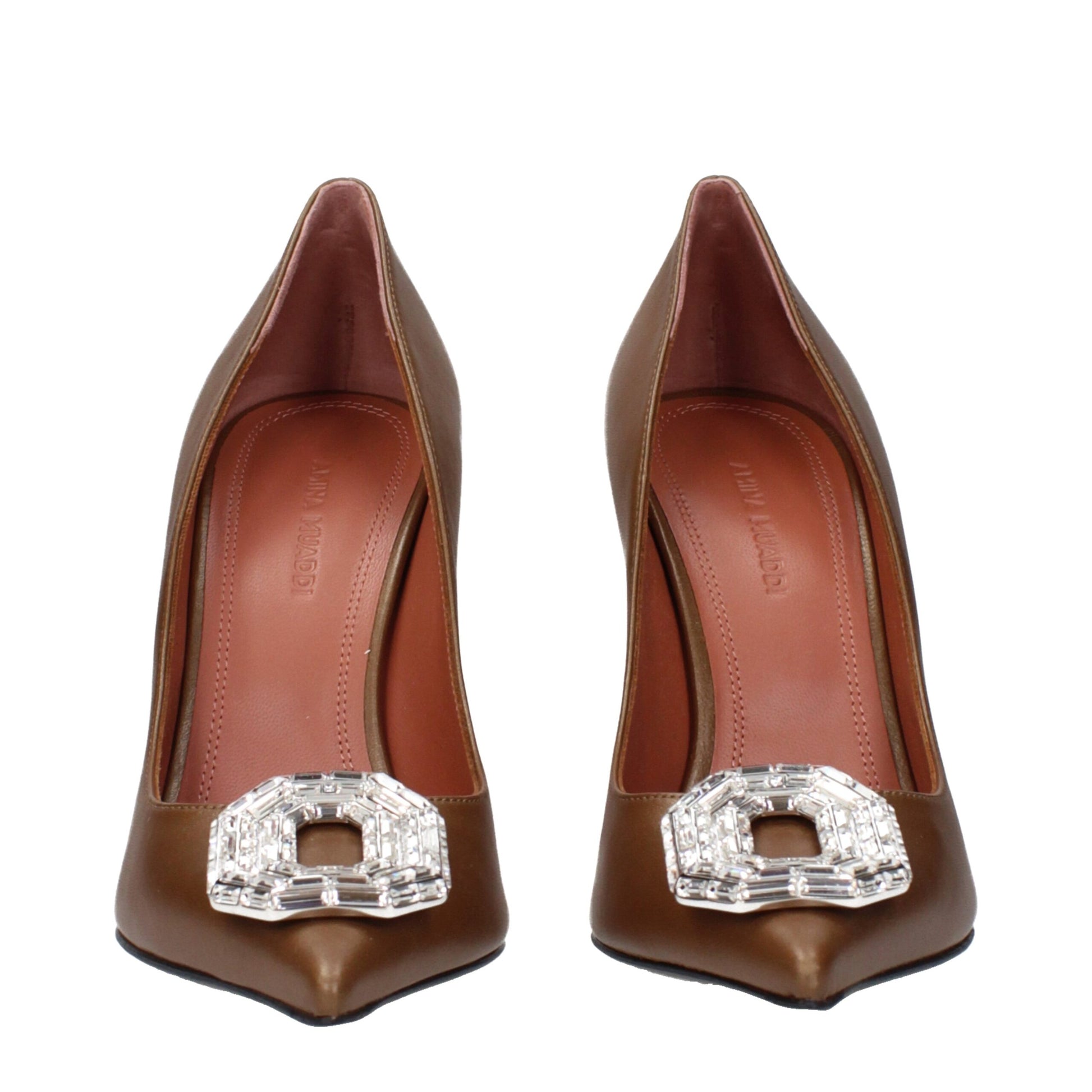 Amina Muaddi Camelia Pumps 105mm in Pelle Marrone (Gioiello)