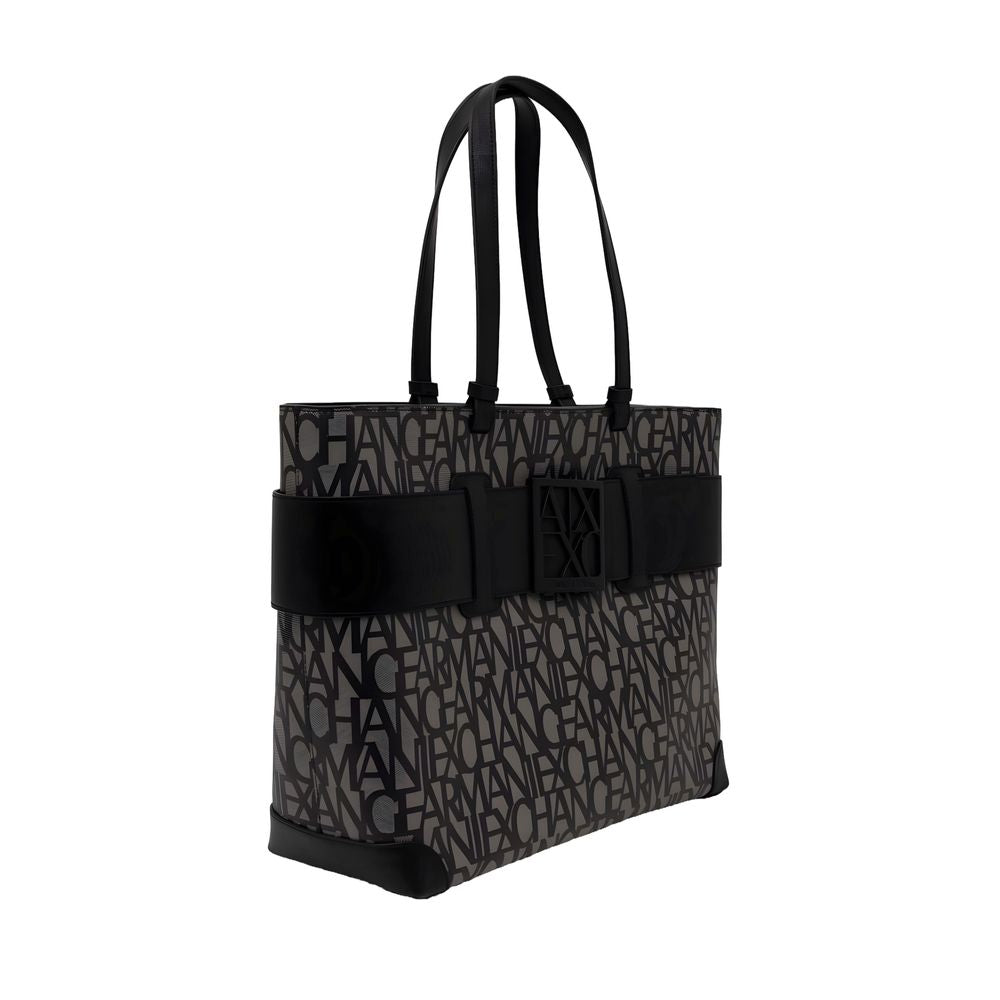 Armani Exchange Borsa Grande Donna a Spalla in Poliuretano Nero Logo All-Over