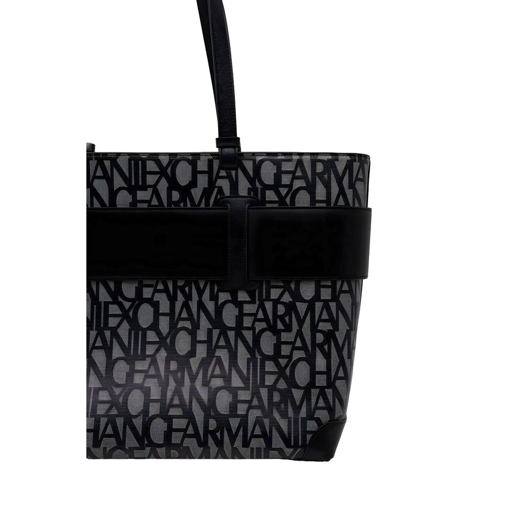 Armani Exchange Borsa Grande Donna a Spalla in Poliuretano Nero Logo All-Over