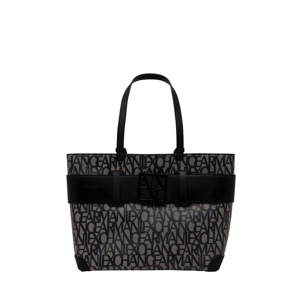 Armani Exchange Borsa Grande Donna a Spalla in Poliuretano Nero Logo All-Over