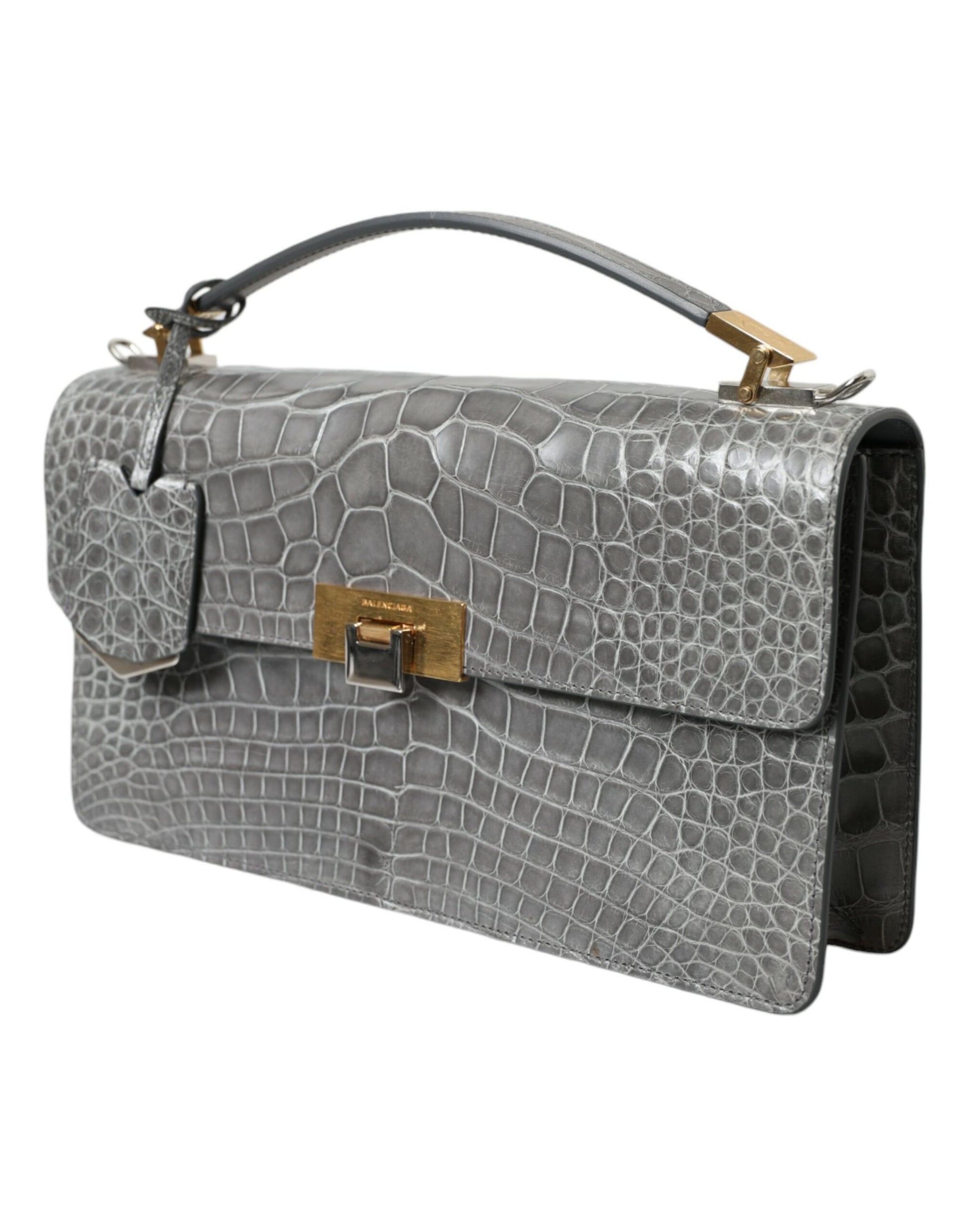 Balenciaga Le Dix Borsa a Spalla Media in Pelle di Alligatore Grigia