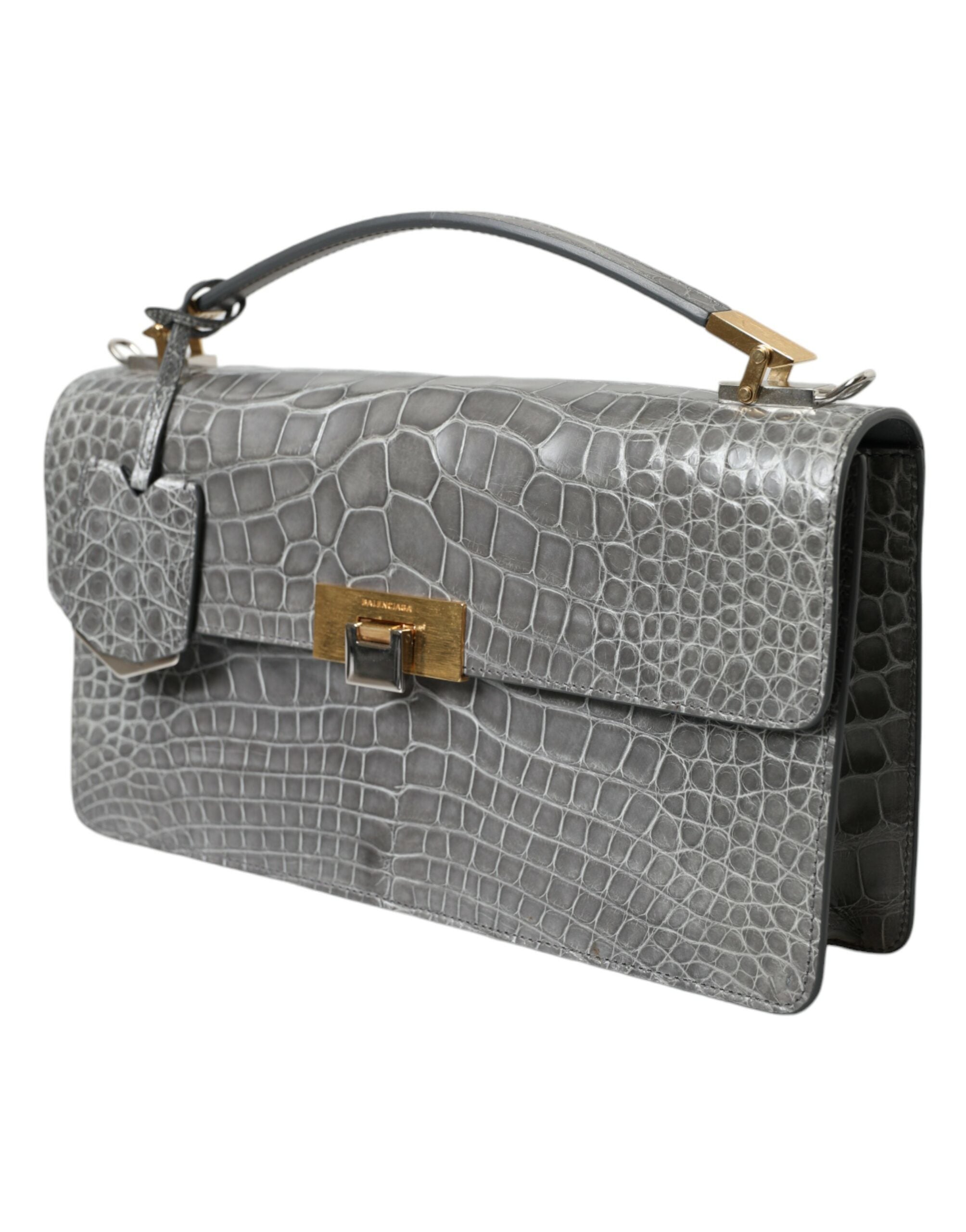 Balenciaga Le Dix Borsa a Spalla Media in Pelle di Alligatore Grigia