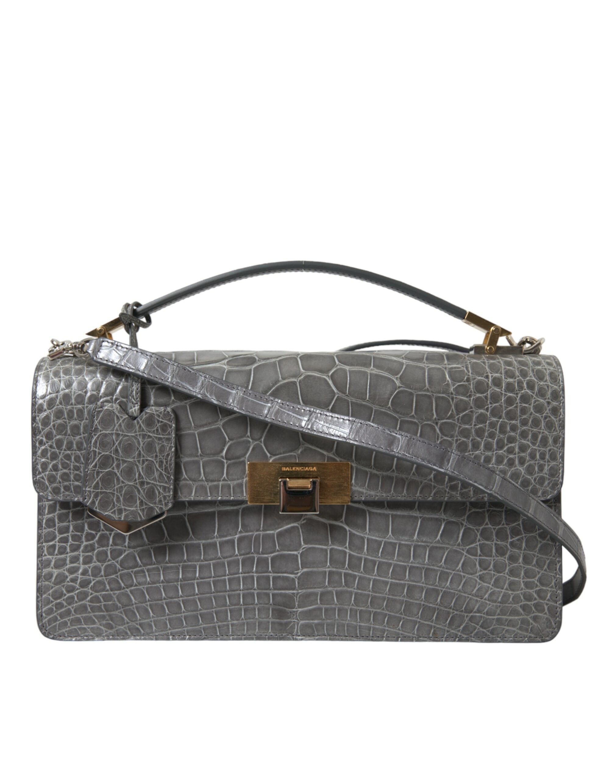 Balenciaga Le Dix Borsa a Spalla Media in Pelle di Alligatore Grigia