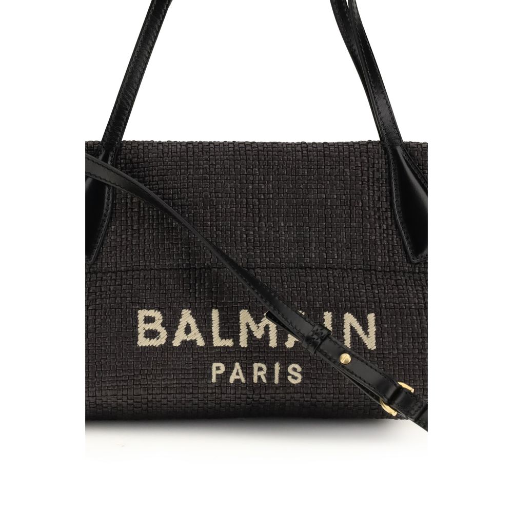 Balmain Track Shoulder Bag in Raffia Nera e Pelle di Vitello
