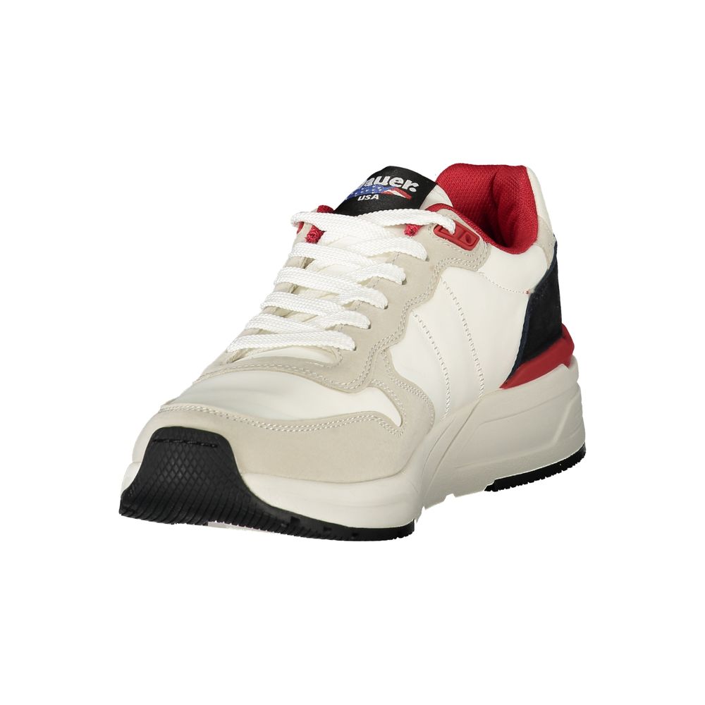 Blauer Sneakers Sportive Uomo Bianche in Poliestere, Dettagli Rossi e Logo