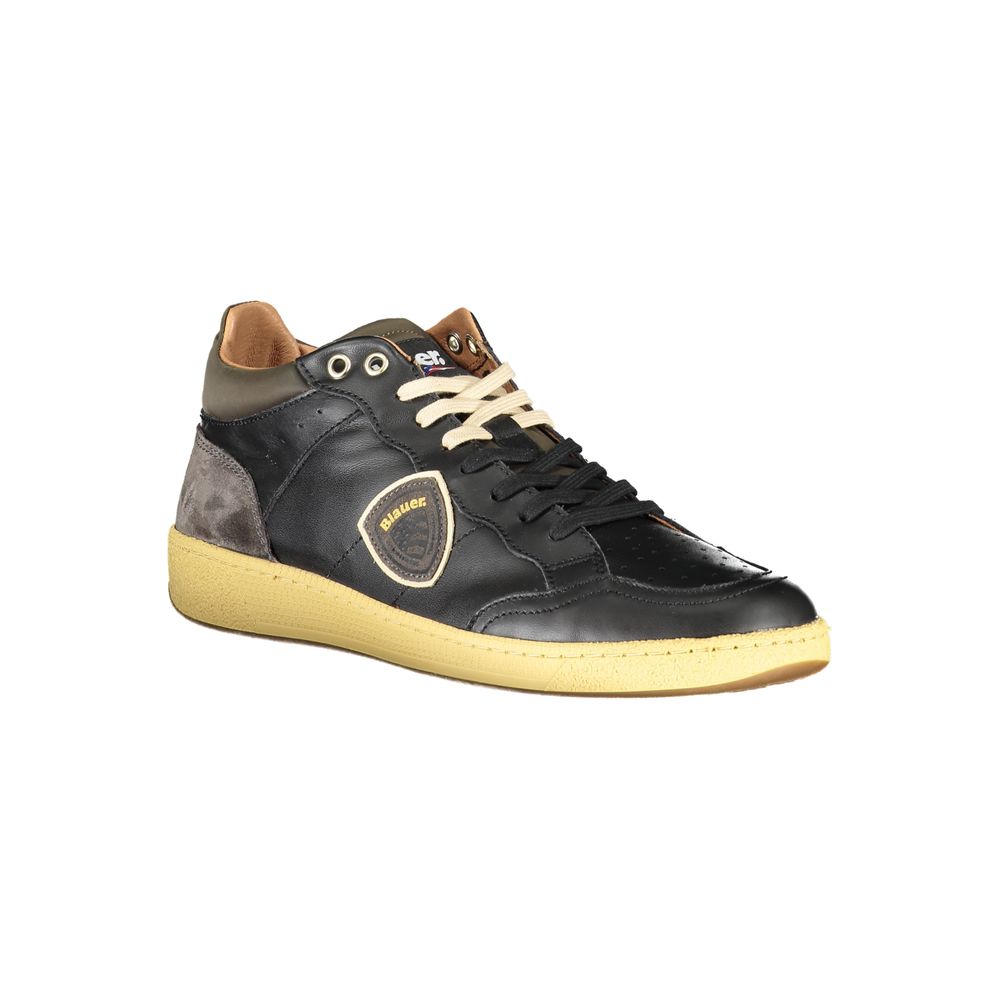 Blauer Sneakers Uomo Nere in Pelle, Dettagli a Contrasto Lace-Up