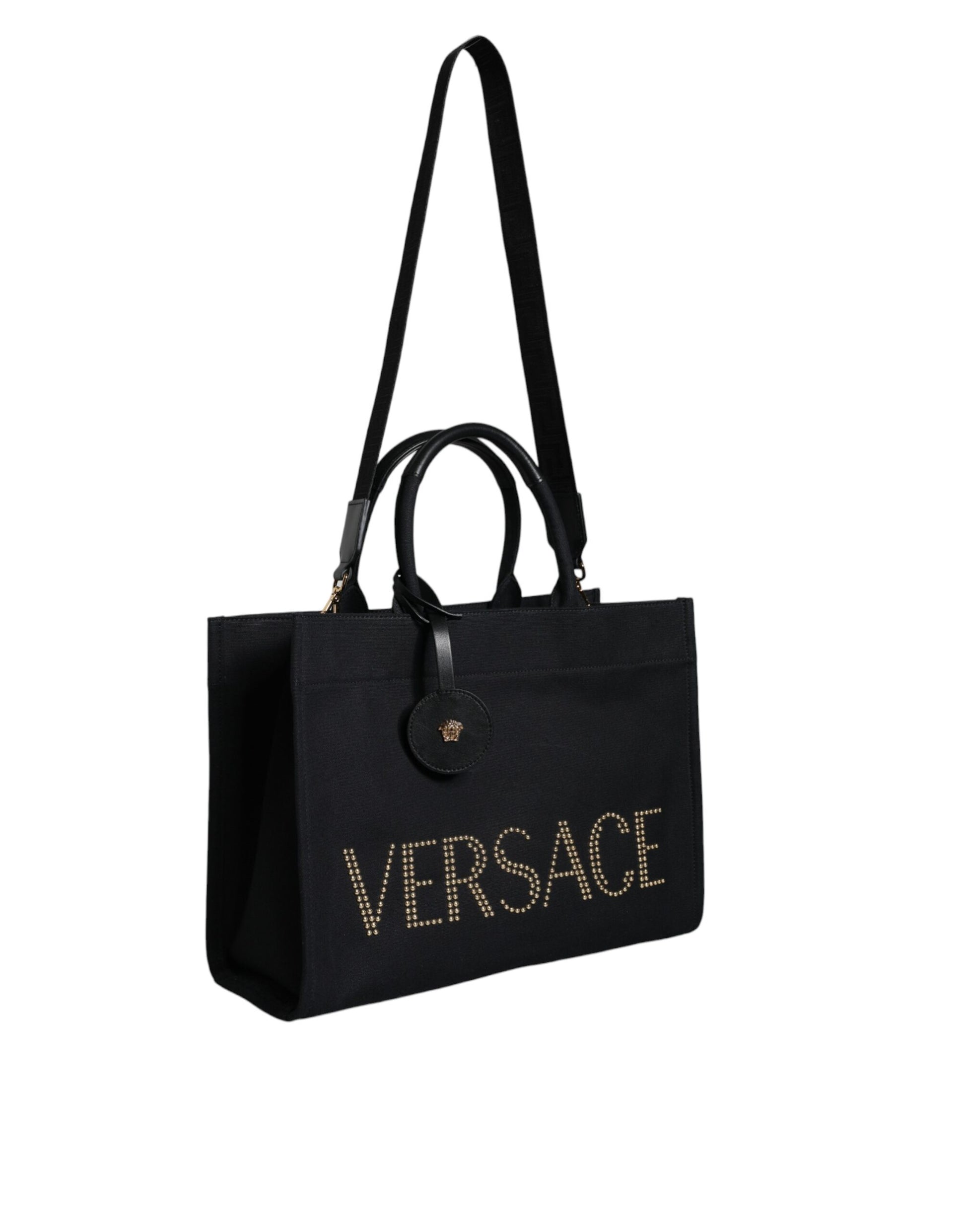 Borsa Tote Media Versace in Tela Nera, Dettagli in Lana e Pelle