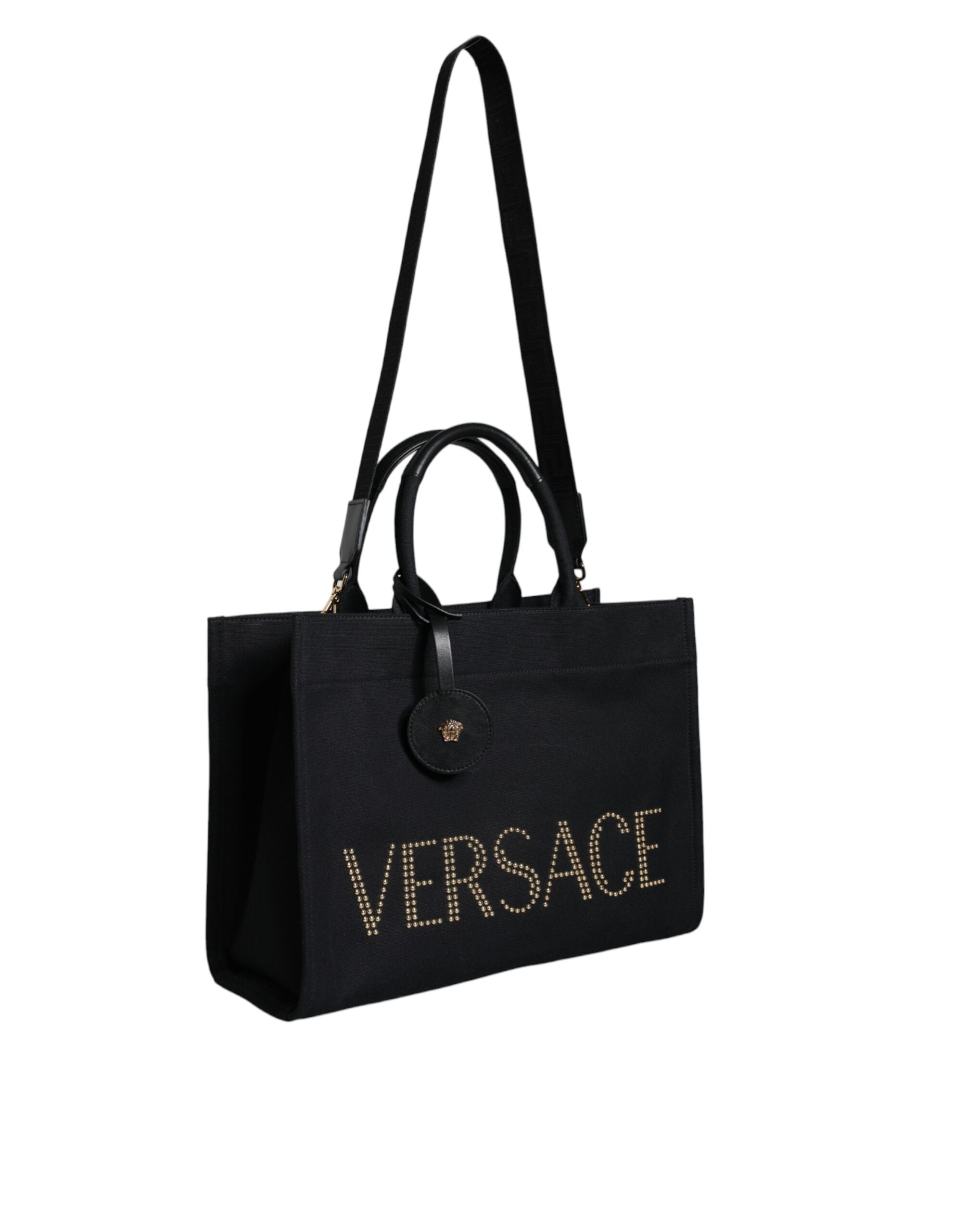 Borsa Tote Media Versace in Tela Nera, Dettagli in Lana e Pelle