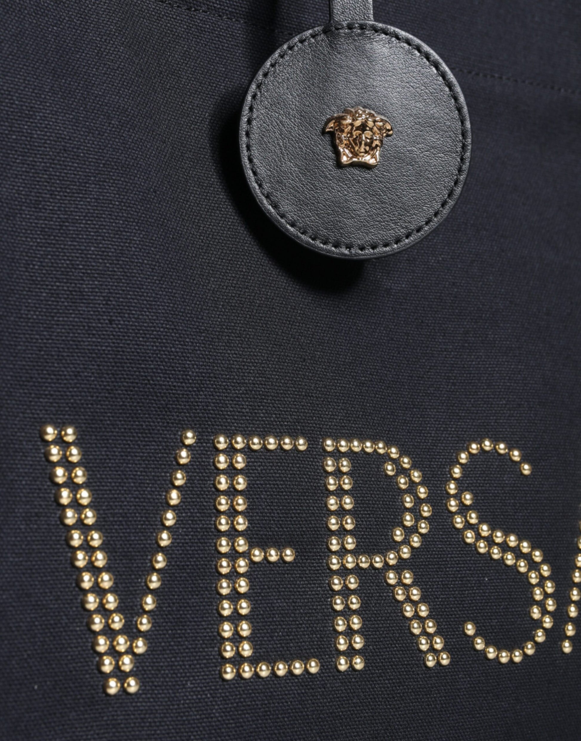 Borsa Tote Media Versace in Tela Nera, Dettagli in Lana e Pelle