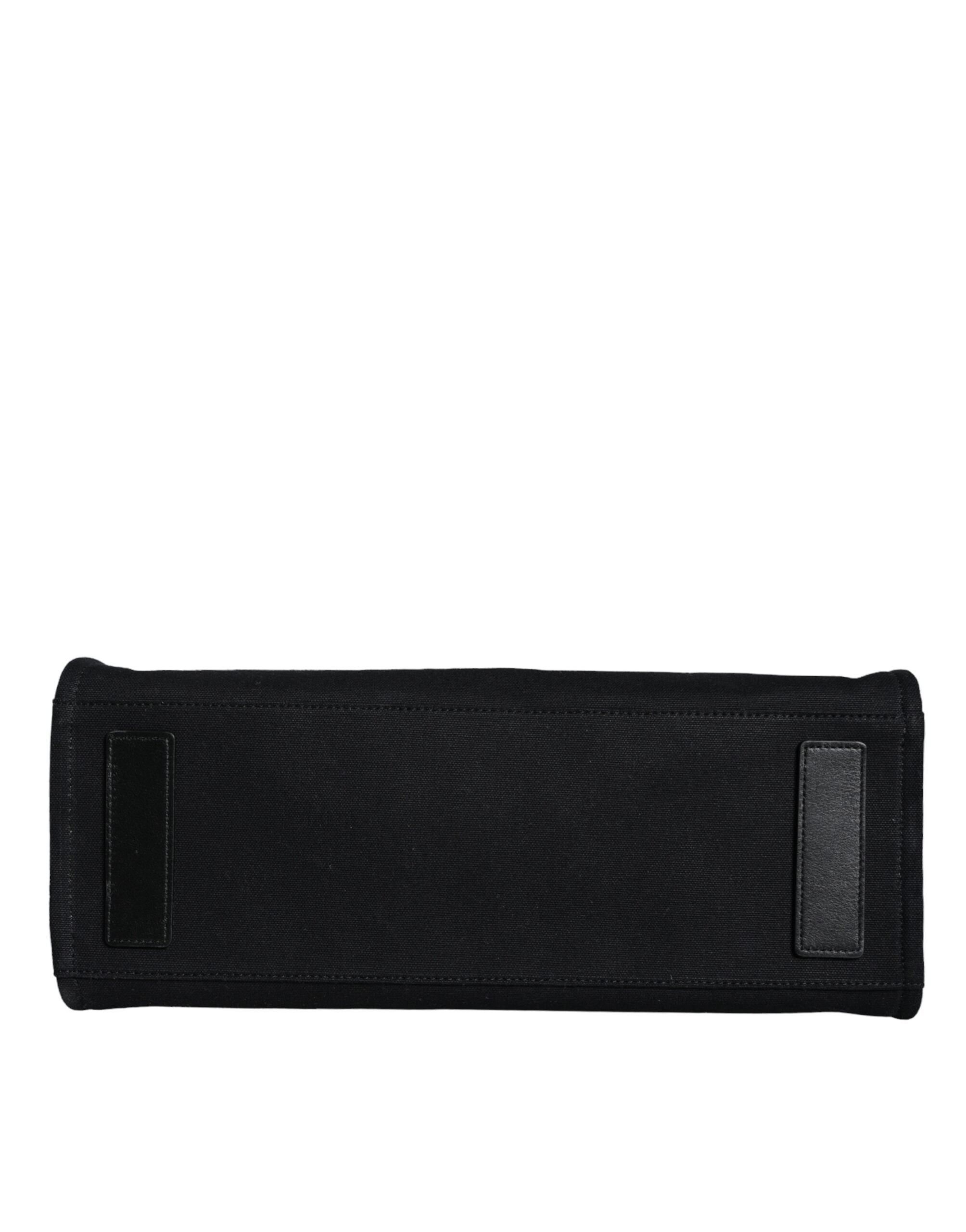 Borsa Tote Media Versace in Tela Nera, Dettagli in Lana e Pelle
