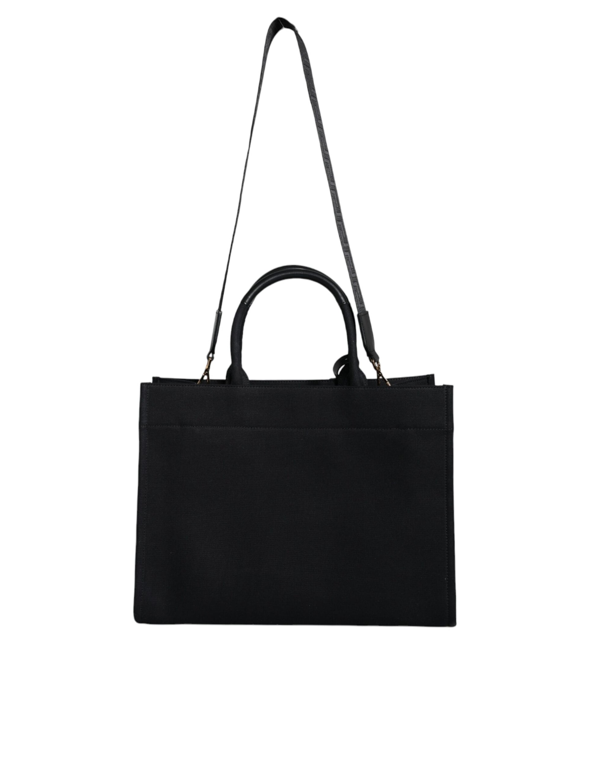 Borsa Tote Media Versace in Tela Nera, Dettagli in Lana e Pelle