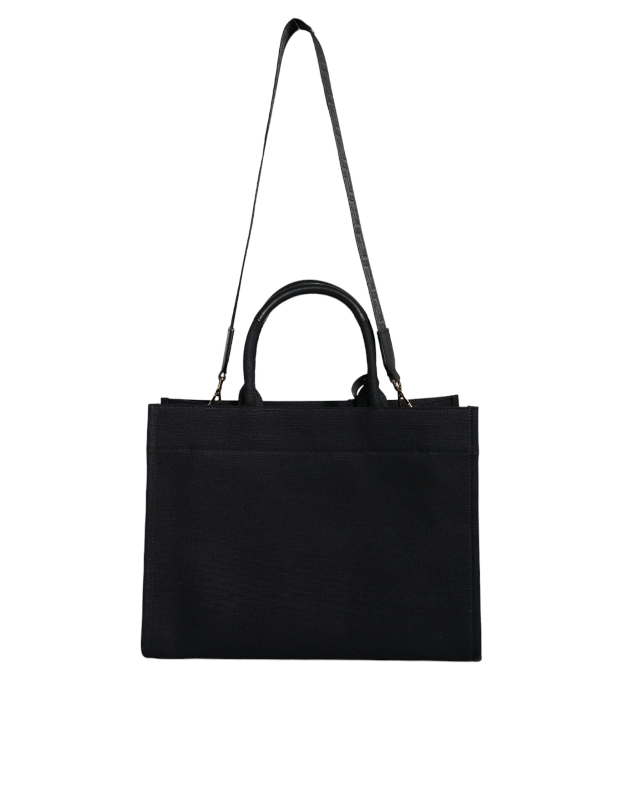 Borsa Tote Media Versace in Tela Nera, Dettagli in Lana e Pelle