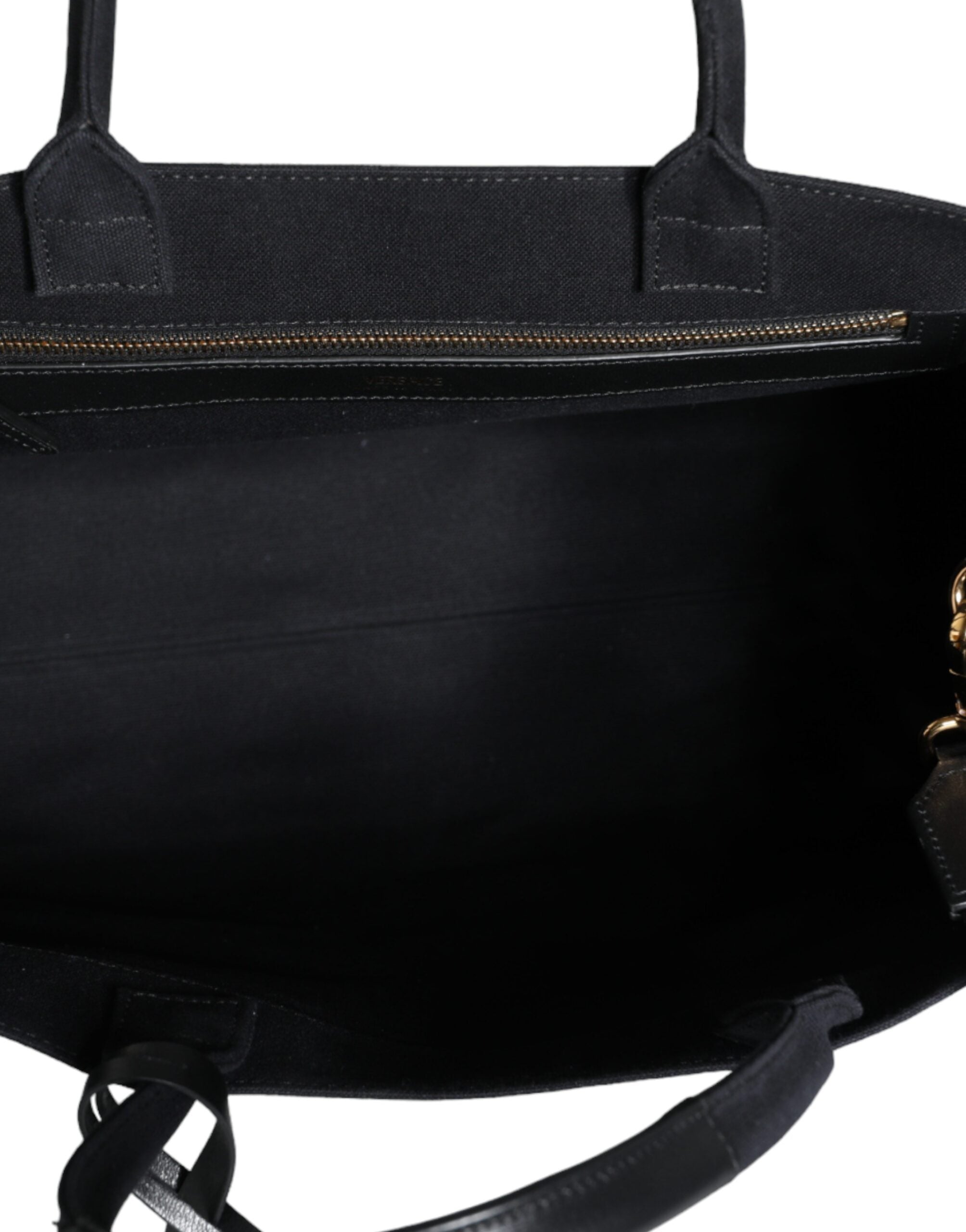 Borsa Tote Media Versace in Tela Nera, Dettagli in Lana e Pelle