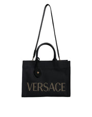 Borsa Tote Media Versace in Tela Nera, Dettagli in Lana e Pelle
